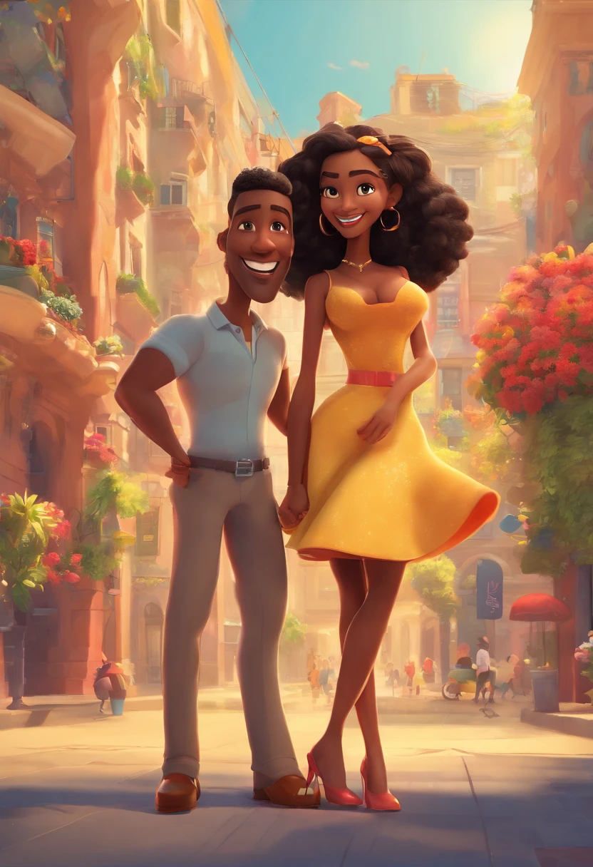 "An illustration of an adorable couple, apresentando um alegre, rechonchudo, Homem mulato escuro, cabelo encaracolado e uma mulher de pele negra com belos olhos expressivos. O homem tem pele mulata e cabelos cacheados, a mulher tem pele negra e cabelos Pretos enrrolados. They're dressed in dress clothes, ele terno e ela vestido eoxo. Atingem um exuberante, austero, e poses imponentes, em frente a uma grande avenida movimentada, as well as buildings in the background. Illustrate this scene from a perspective where they are facing the camera, sorridente, and showing your connection. Create this artwork in Full HD, Focus on a cinematic touch, no estilo da Disney Pixar Animations. A legenda inferior diz Disney / Pixar, Guarda Municipal de Feira de Santana
