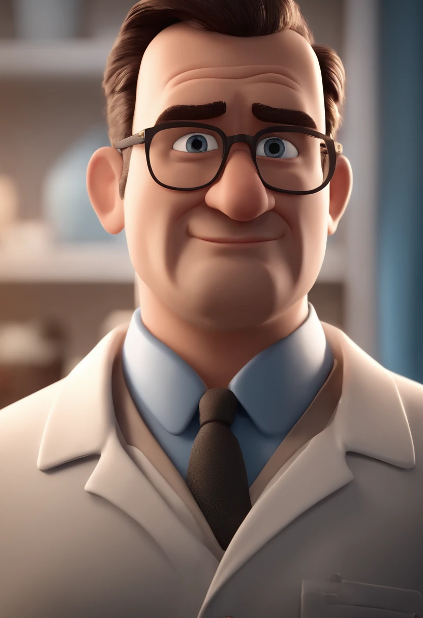 Personagem de desenho animado de um homem branco, com o rosto ovalado, careca, Wearing a doctor's lab coat, um personagem animado, Caractere estilizado, animation style rendering, 3D estilizado, Arnold Maya render, 3 d render stylized, toon render keyshot, Personagem 3D, Personagem 3D, 3d rendering stylized, 3 d character render, personagem de desenho animado, Personagem de close up, Pose de personagem, (Estilo Pixar) (master part:1.2) (Bokeh) (best quality) (pele detalhada) (textura detalhada) (8k) (argila) (Cinematic lighting). It is mandatory that the image is in the style of Pixar, Disney.