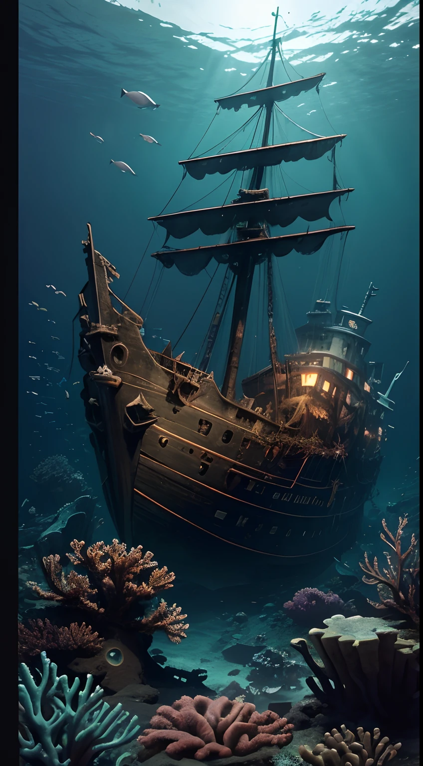 (masterpiece), best quality, the ruins of a sunken ship in deep sea, old ship, rusty ship, (underwater:1), bottom of the ocean,(sunken ship:1.5), depth, bubles, corals, fishs, spectral, sand, particles, 4k, (cinematic digital artwork),dark, scary, horror, adventure, danger, UNDERWATER_SCENE, aqua, the ship sails are torn apart, tilted ship, ghost ship, moss on the ship, (high angle:1)
