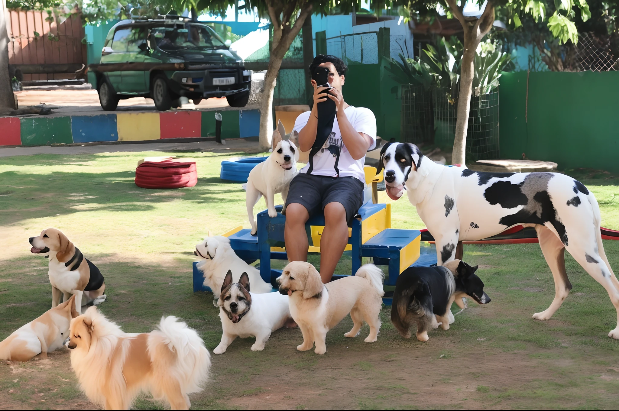 There are many dogs that are around a man taking a picture, with dogs, taken with the best dlsr camera, Directed by: Samuel Silva, 2 anos, Directed by: Willian Murai, bonito, Filhotes, 1614572159, frisky!!!, all looking at camera, fotografia, Directed by: Judith Gutierrez, atrevido!!!