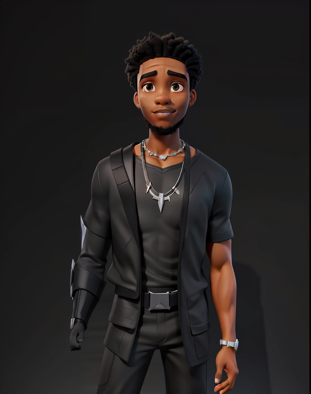 a black man with a necklace based on the black panther and white paint on the face like the black panther