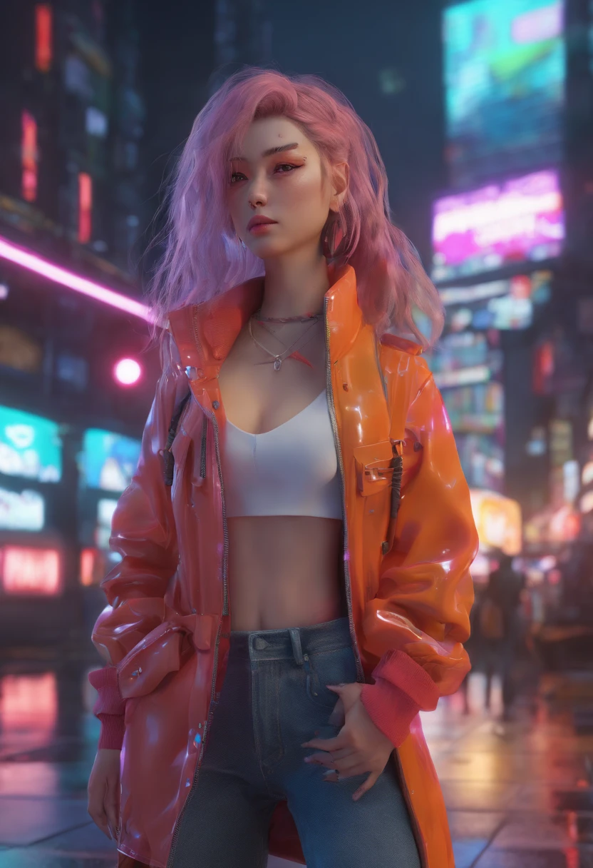 There's a woman standing on the side of the street, arte cyberpunk por Yang J, trending on ArtStation, realismo, Arte no estilo de Guweiz, estilo anime. 8k, Guweiz, Estilo anime 3D realista, Trend in CGTacing:, 🤤 retrato da menina, estilo cyberpunk hiper-realista, Estilo anime misturado com Fujifilm, menina cyberpunk sonhadora