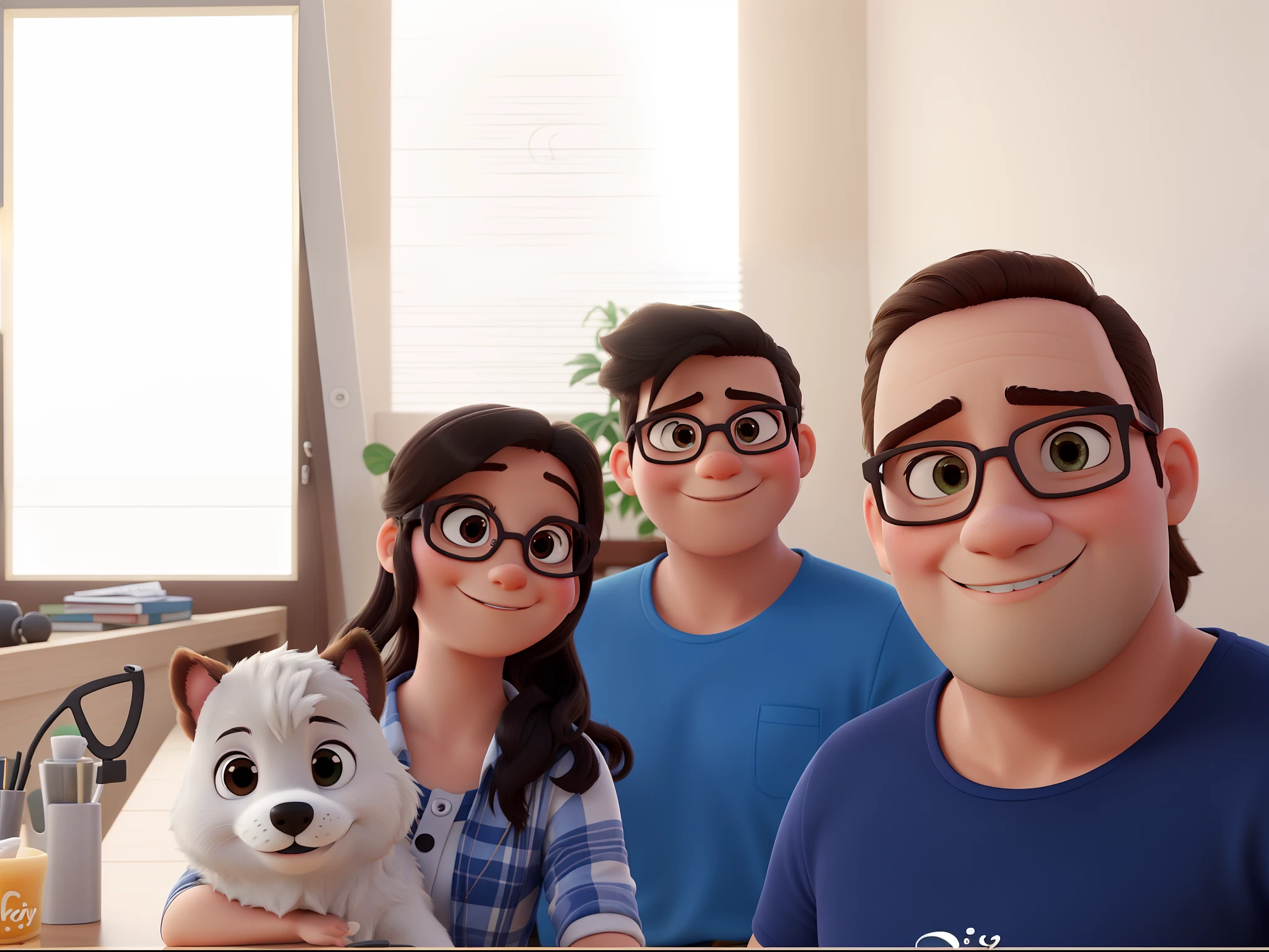 Use this image as inspiration and create a disney pixar cartoon poster with a happy family.
Todos tem olhos marrom.
The mother is 40 years old, cabelo comprido, not glasses, magra.
Daddy's chubby, tem cabelo curto, sorridente, wears glasses.
O filho de 16 anos tem olhos pequenos, it's skinny, rosto fino, cabelo curto liso, castanho escuro, nariz fino, rosto fino. Um cachorro branco