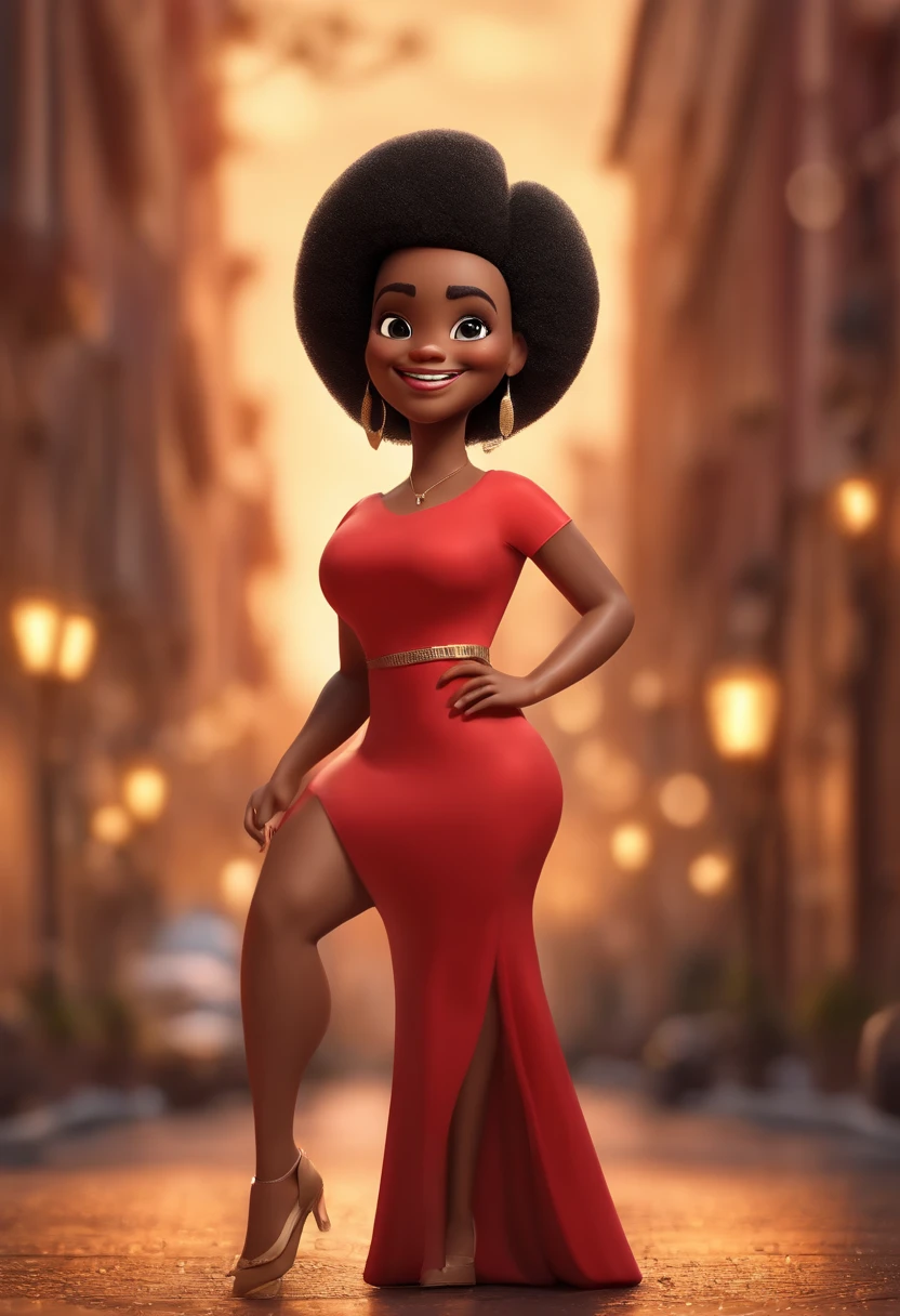 personagem dos desenhos animados de uma mulher com cabelos afro preto curto, magra,com um grande sorriso,with a red dress, nariz pequeno e fino, pouco peito animation character, Caractere estilizado, animation style rendering, 3D estilizado, Arnold Maya render, 3 d render stylized, toon render keyshot, Personagem 3D, Personagem 3D, 3d rendering stylized, 3 d character render, personagem de desenho animado, Personagem de close up, Pose de personagem, (Estilo Pixar) (master part:1.2) (Bokeh) (best quality) (pele detalhada) (textura detalhada) (8k) (argila) (Cinematic lighting) (foco nítido