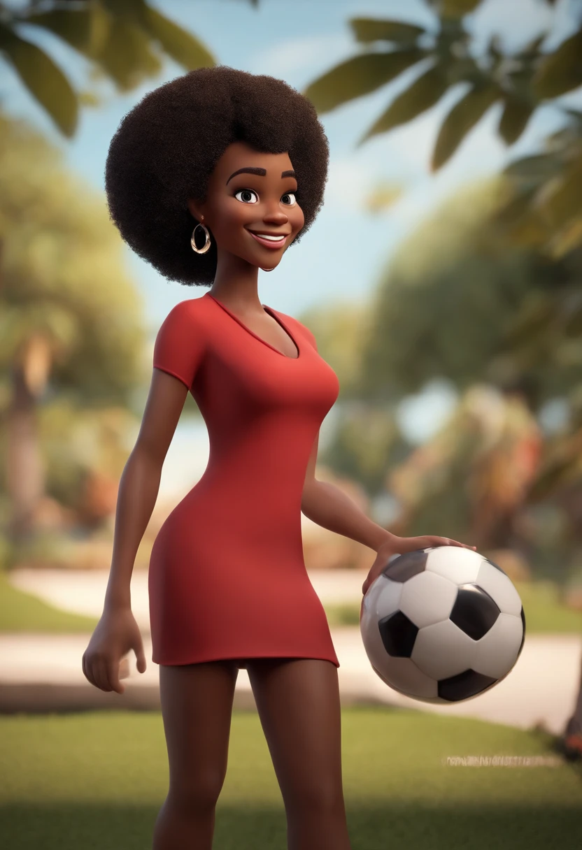 personagem dos desenhos animados de uma mulher com cabelos afro preto curto, magra,com um grande sorriso,with a red dress, nariz pequeno e fino, pouco peito animation character, Caractere estilizado, animation style rendering, 3D estilizado, Arnold Maya render, 3 d render stylized, toon render keyshot, Personagem 3D, Personagem 3D, 3d rendering stylized, 3 d character render, personagem de desenho animado, Personagem de close up, Pose de personagem, (Estilo Pixar) (master part:1.2) (Bokeh) (best quality) (pele detalhada) (textura detalhada) (8k) (argila) (Cinematic lighting) (foco nítido