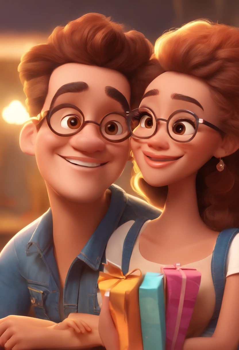 An illustration of an adorable couple, Highlight for a chubby mulatto man with glasses smiling and a brunette woman with beautiful expressive eyes - the man's skin is mulatto and the man's hair haswhile the woman's skin is black and the woman's hair is straight and brown. They are a bright room, cada um com um sorriso no rosto, e compartilhar um momento especial caracterizado pelo amor, Insights. Illustrate this scene from a perspective where they are facing the camera, Smiling and Showing Your Connection. Desenvolva esta arte em Full HD, Focus on your cinematic touch, Estilo Disney Pixar Animations