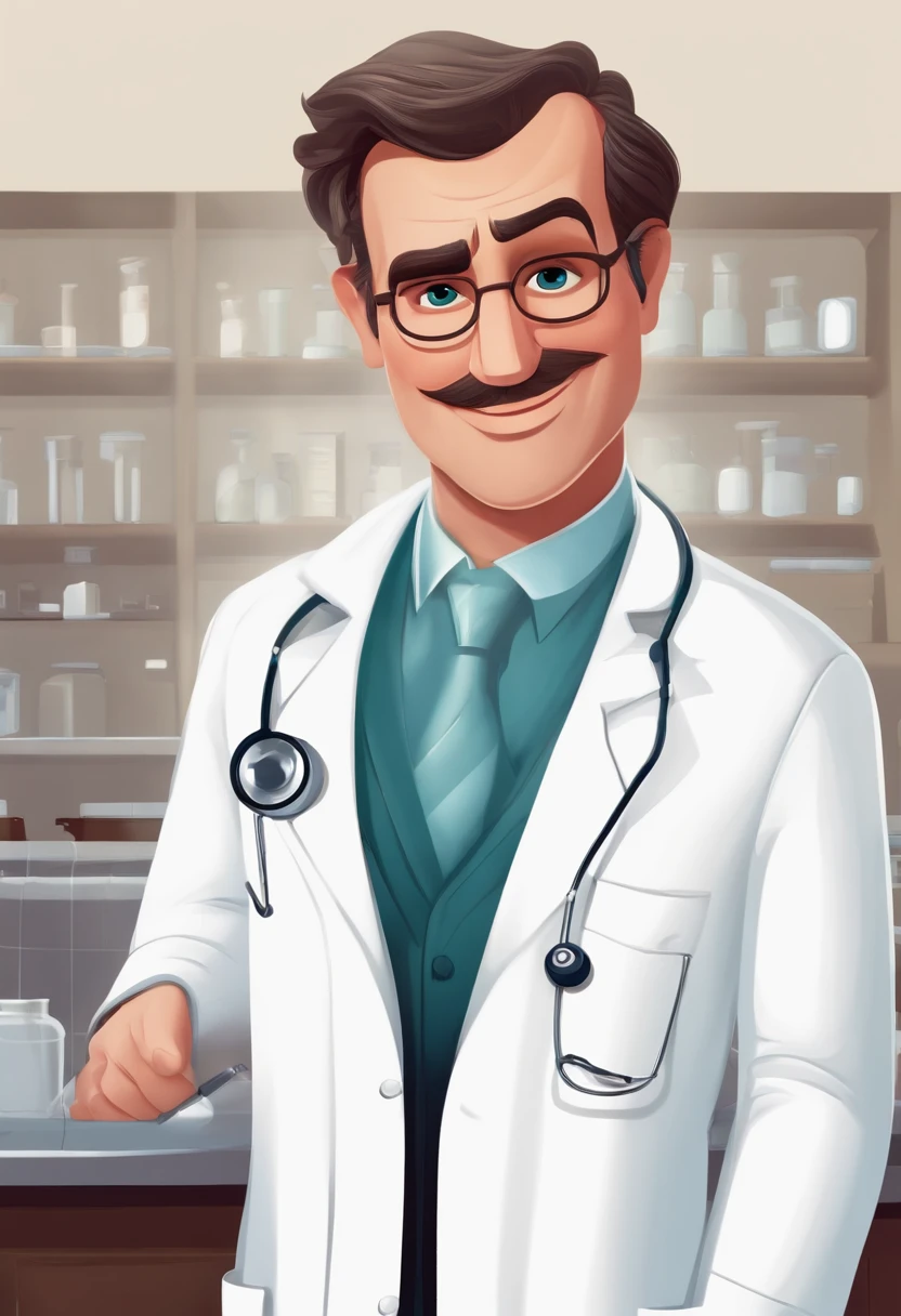Personagem de desenho animado de um homem branco, com o rosto ovalado, careca, Wearing a doctor's lab coat, It is mandatory that the image is in the style of Pixar, Disney.