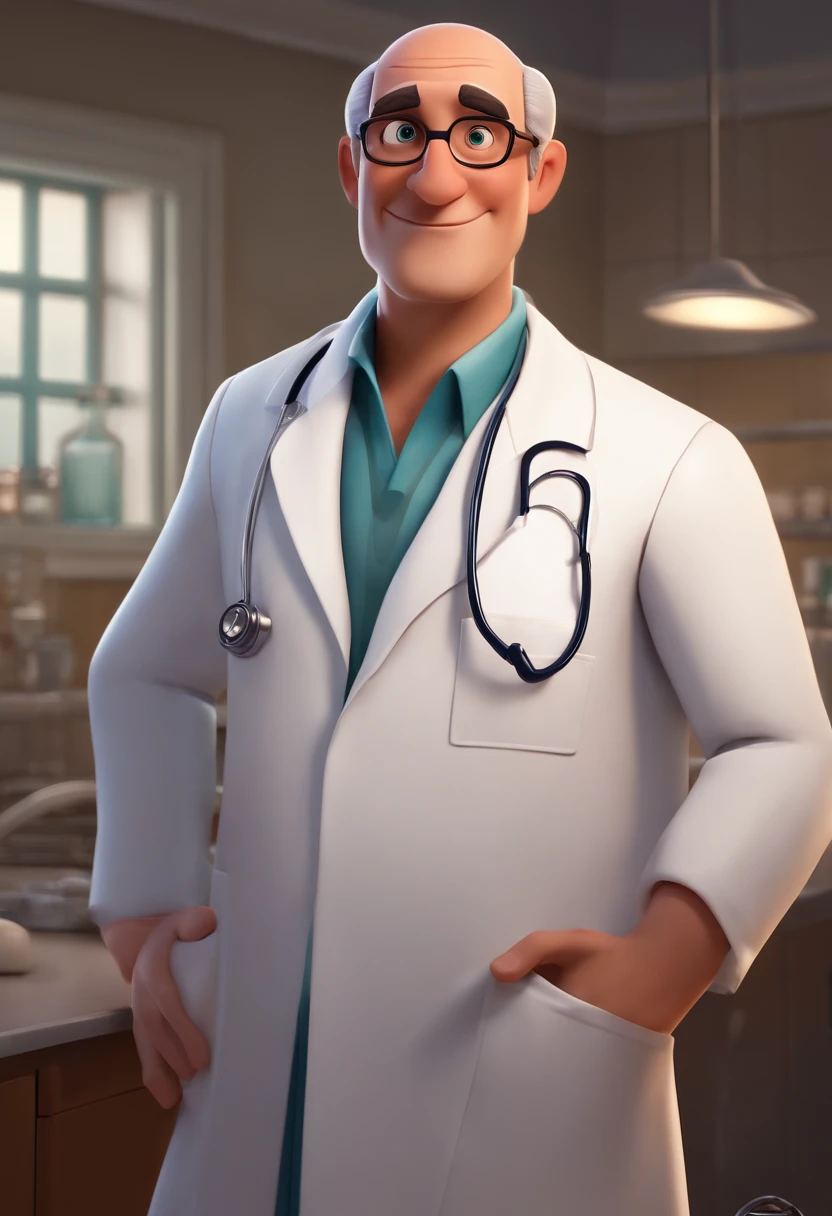 Personagem de desenho animado de um homem branco, com o rosto ovalado, careca, Wearing a doctor's lab coat, It is mandatory that the image is in the style of Pixar, Disney.