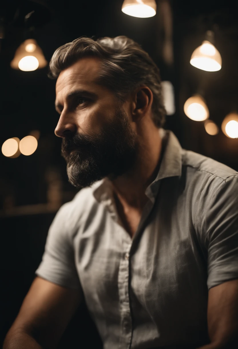 Retrato de um homen com 39 anos de cabelos e barba de cor preta