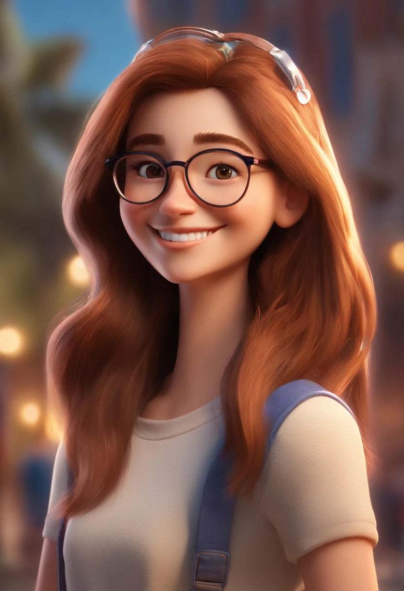 sorridente Ilustrador, Sorriso timido, Fair-skinned teenagrl with a shy smile, and round glasses, cabelo lisos marrom, Cabelos Lisos castanhos, Happy smiling cute at camera, sorriso fofo, she is happy, smile shy, shy girl, Foto de perfil do headshot, rindo sorriso enorme, desenhando no estilo de Arte 3D, c4d, fundo de um parque, Estilo Disney, estilo pixar render ilustracao Super Detalhe, 8k