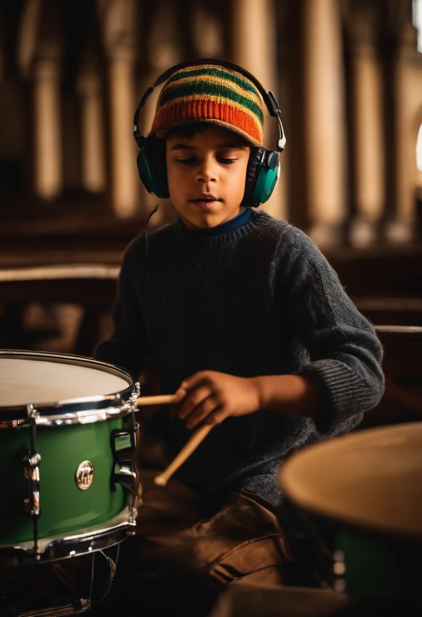 Imagem de um menino tocando bateria na igreja, with sweater and cap and headset, cor de pele morena e gordinho