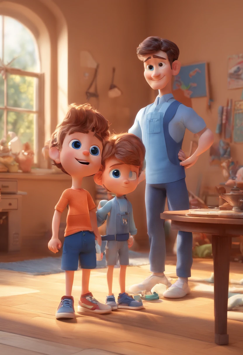 Estilo Pixar: The grown man is holding a naked blue-eyed boy and in his other hand he is holding a pair of scissors and is trying to cut off the boy's testicles,3D Poster,Disney