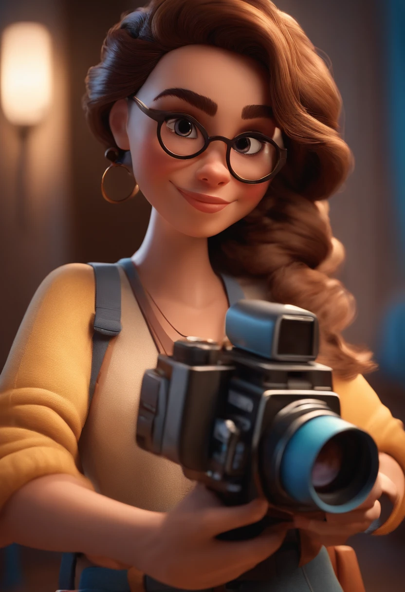 Pixar style image with 3D character white glasses brunette woman hair with bun, with camera, Maquiagem Disney,Pescador, bonitinho, sorridente ,Close-up, Pixar, Disney, Cinema lighting,