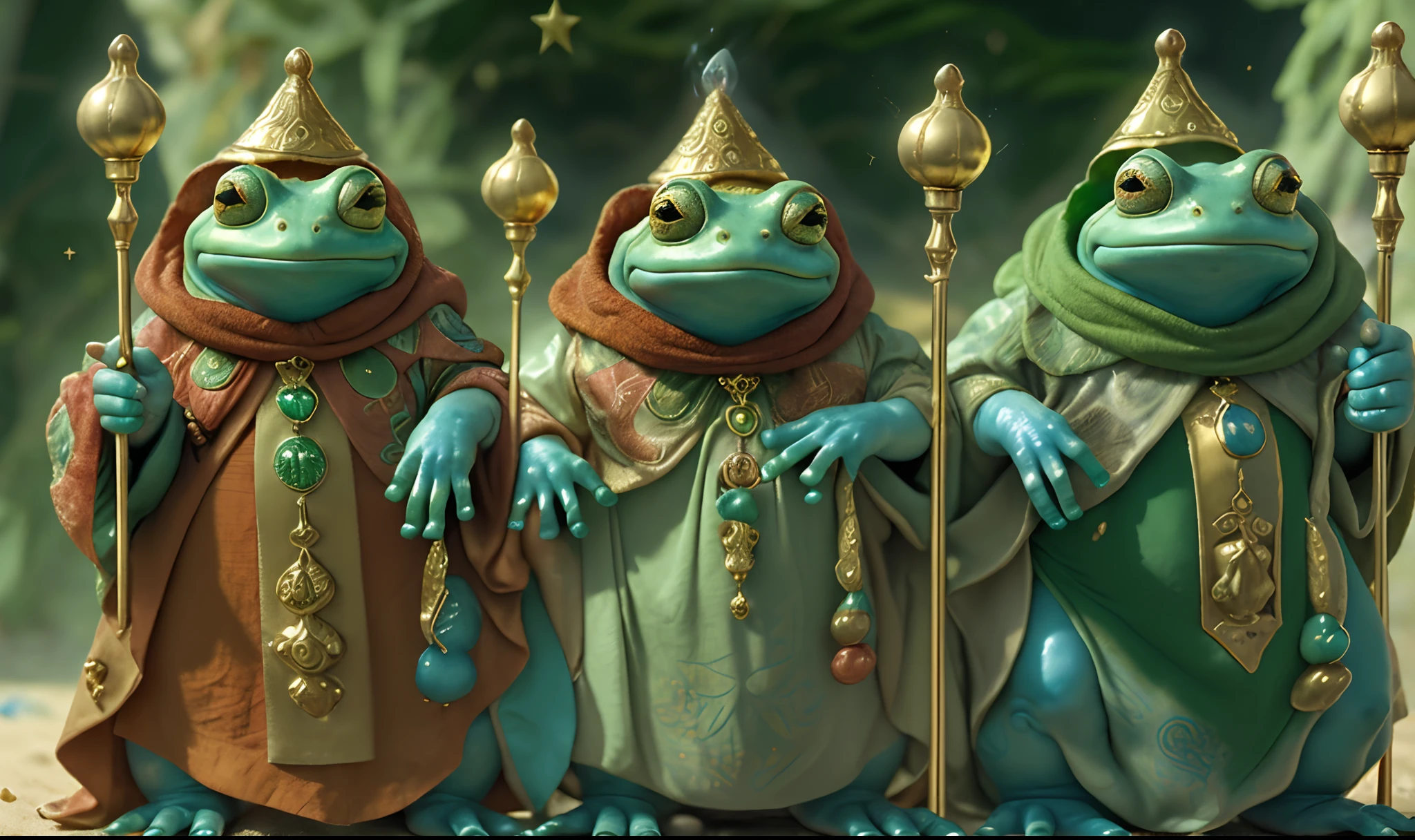 Three upright humanoid wise toad wizards with toadlike faces and green skin, each wearing richly decorated tunics in red, green and blue, riding on dromedary camels on a long journey. Following the star of Belem, they come to visit the boy frog reis born in Mangedora. They are elderly frogs with skin of different colors and carry precious gifts of incense and gold.