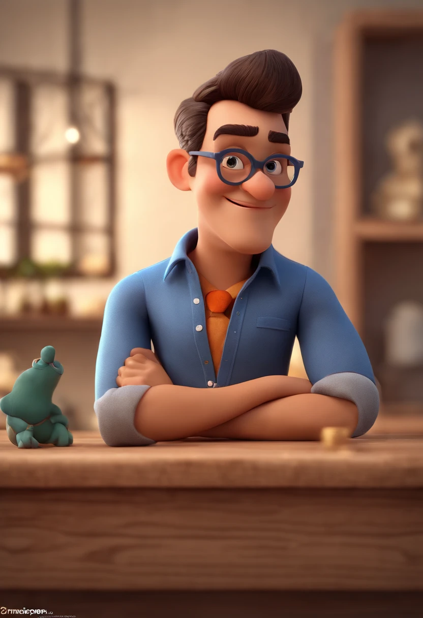 Cartoon character of a man wearing black glasses and a blue shirt, um personagem animado, Caractere estilizado, animation style rendering, 3D estilizado, Arnold Maya render, 3 d render stylized, toon render keyshot, Personagem 3D, Personagem 3D, 3d rendering stylized, 3 d character render, personagem de desenho animado, Personagem de close up, Pose de personagem, (Estilo Pixar) (master part:1.2) (Bokeh) (best quality) (pele detalhada) (textura detalhada) (8k) (argila) (Cinematic lighting) (foco nítido,Senta e vaza a parte superior do corpo