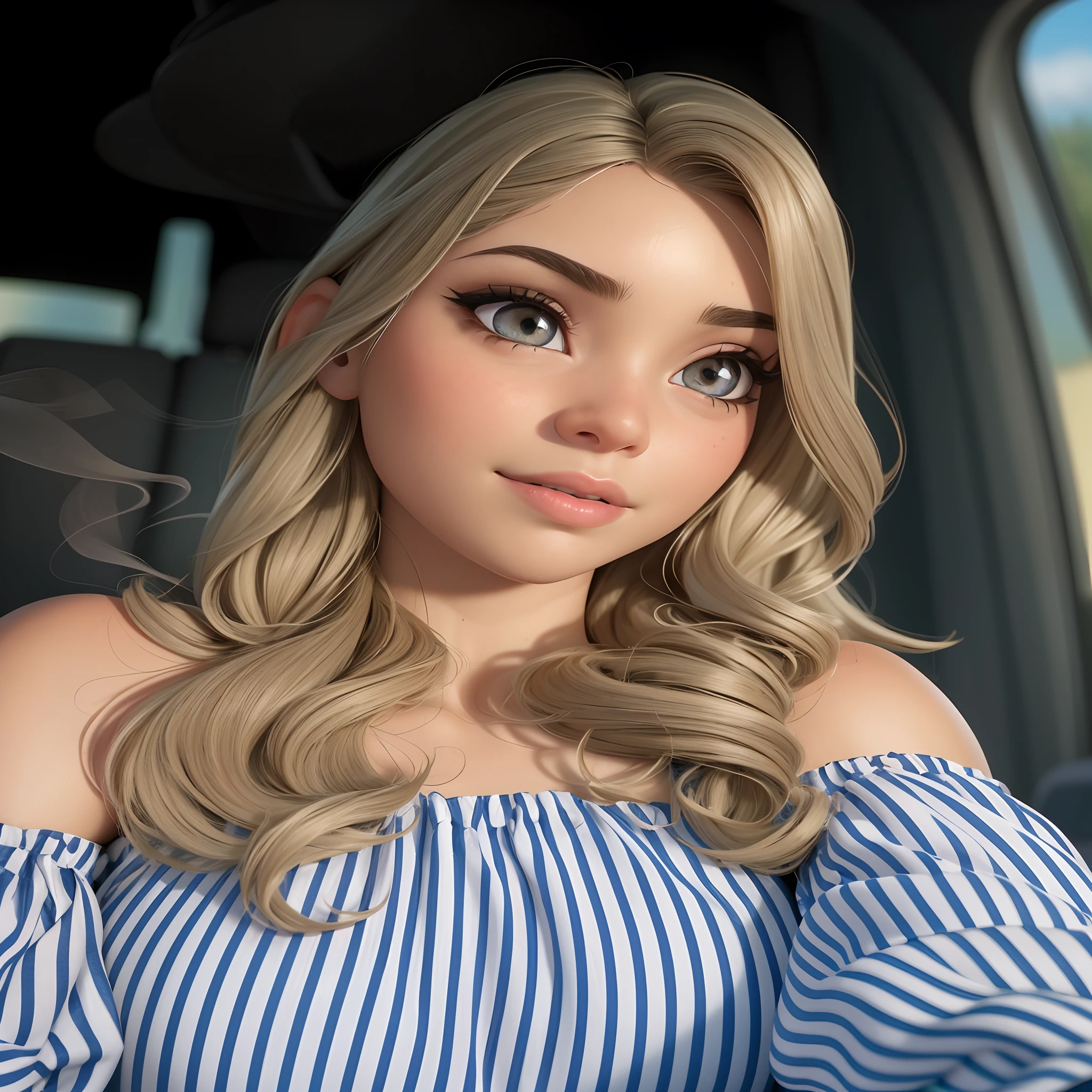 (best quality,ultra-detalhado,fotorrealista:1.37),olhos castanhos,detailed lashes,belos olhos detalhados,pele clara,fine facial features,sorriso leve,cabelos loiros longos brilhantes,Smooth expression,natural lighting,fundo macio,cores sutis,retrato sofisticado,Ambiente de sonho