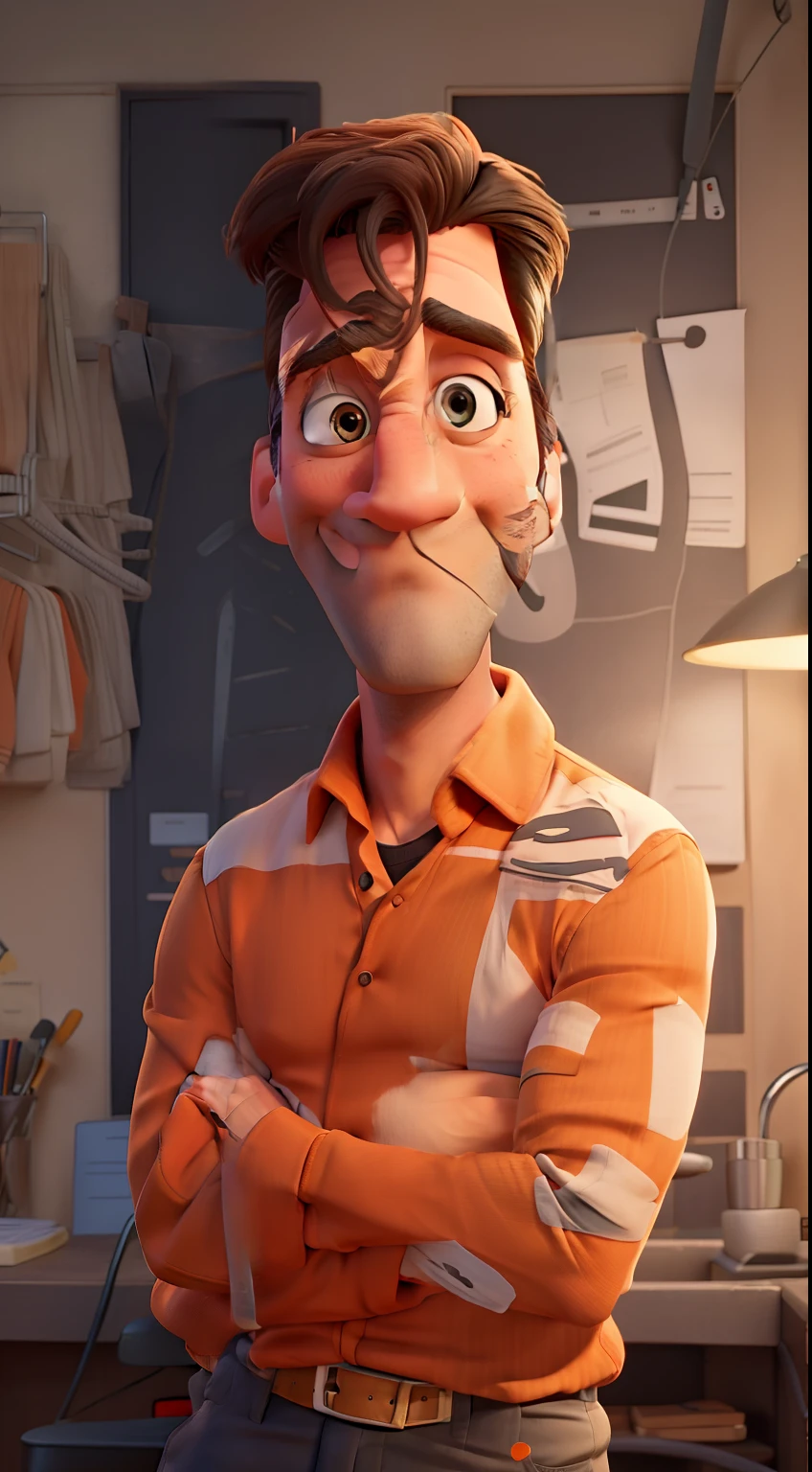 Cartoon photo with blue shirt and black pants, sorrindo mostrando os dentes