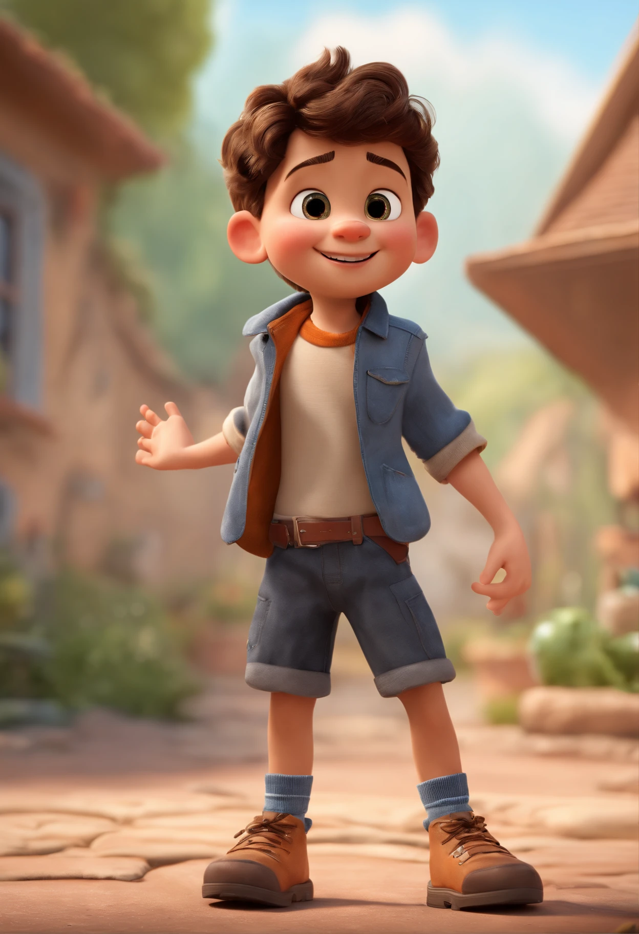 (best quality,4k,8k,highres,masterpiece:1.2),ultra-detailed,(realistic,photorealistic,photo-realistic:1.37),boy in Pixar format,short hair,expressive eyes,cute smile,friendly,energetic,confident,mischievous,adventurous,outgoing personality,playful attitude,leader of his class,full of curiosity,dynamic pose,colorful background,exciting atmosphere,natural lighting,vibrant colors,fun-filled composition,illustration style,cartoonish,animated look,cabelo curto