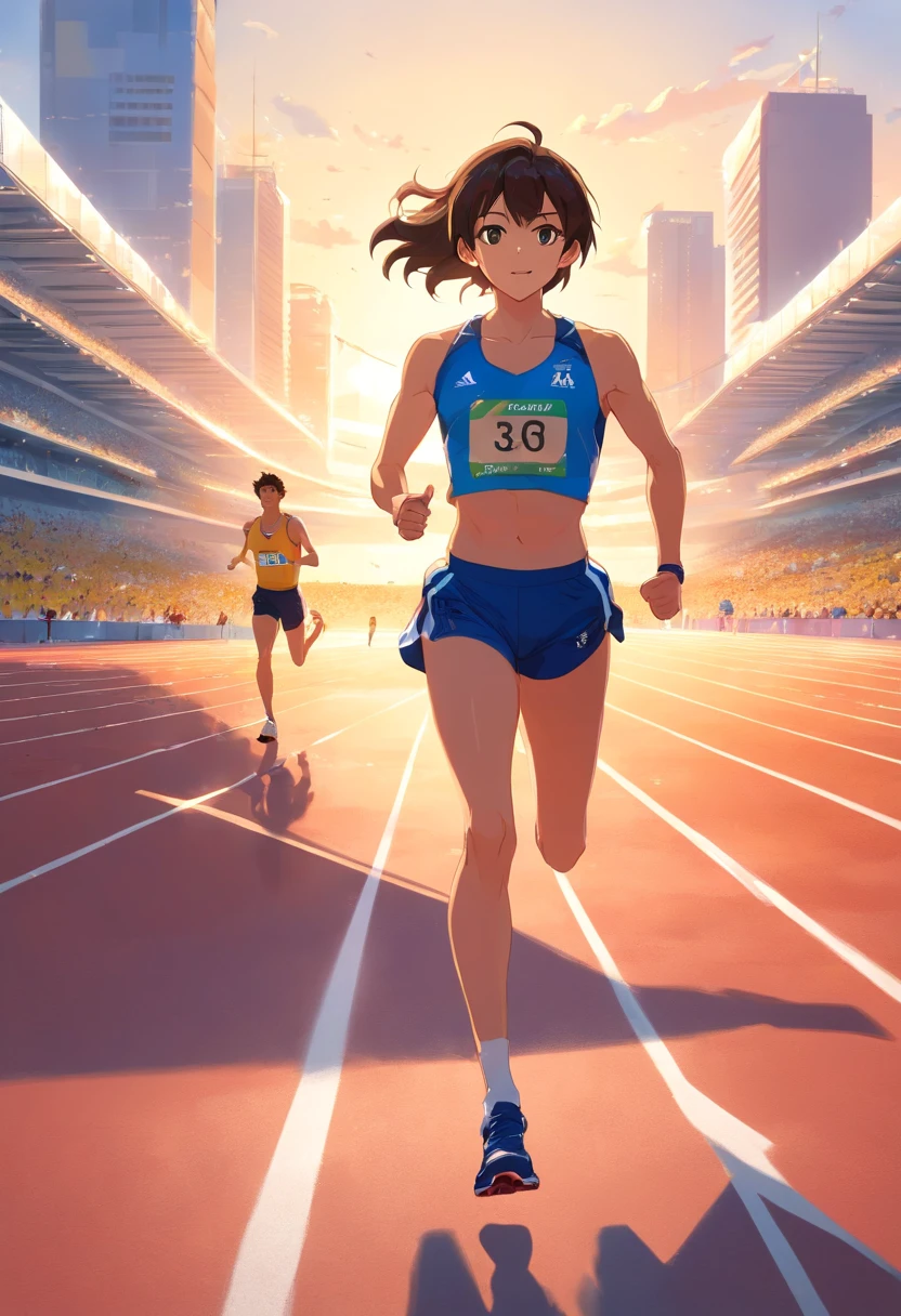 Neste primeiro quadrinho, somos transportados para uma atmosfera eletrizante no campo de atletismo de uma escola. The racetrack stretches out in front of us, cercada por arquibancadas repletas de espectadores animados. The sky is clear, with the sun casting a golden light over the scenery.
no centro da imagem, vemos um jovem atleta concentrado e determinado, pronto para iniciar uma corrida. His jersey is number 350. Your muscles are tense, And he's in the starting position, com os olhos fixos no horizonte. Every detail of your blue sports uniform and running shoes is crisp and realistic.
The crowd around is vibrating with excitement, com rostos animados e bandeiras de apoio. Image quality is first class, capture the texture of the track and the expression of intensity on the athlete's face. It's a time of pure energy and competition, que nos convida a entrar no emocionante mundo do atletismo. In the background, we'll see monuments of the city of Brasilia. The audience applauding the arrival