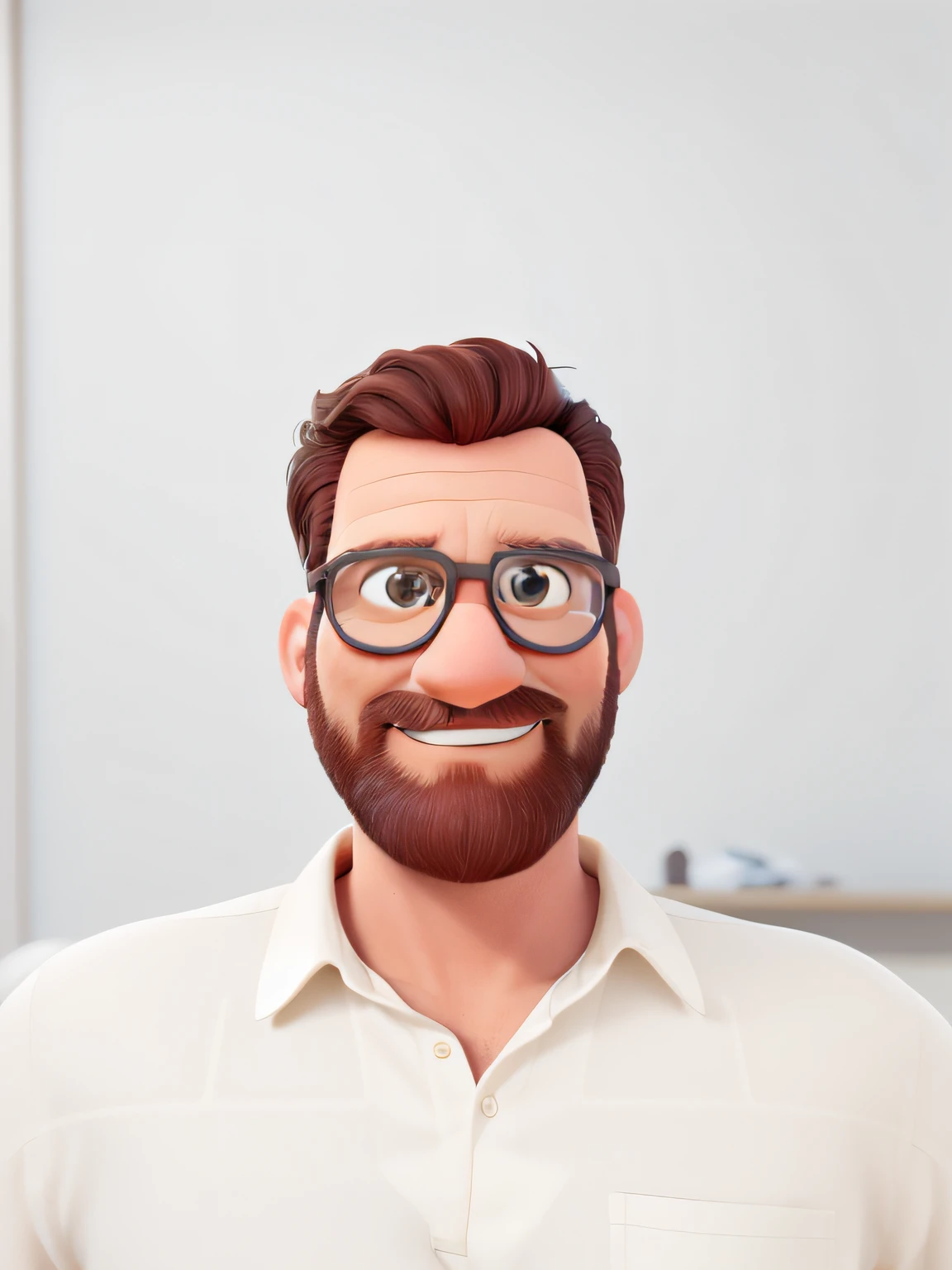 Imagem estilo pixar de um homem de 40anos de idade, foco sozinho, cabelos ruivo, barba ruiva camisa social super branca