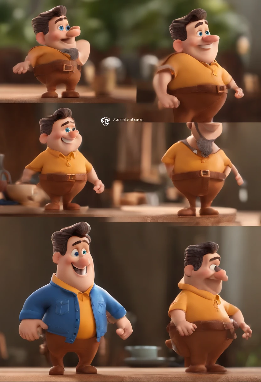 Personagem de desenho animado estilo pixar homem com 40 anos sorridente com camisa azul, com cabelos pretos, olhos castanho Caractere estilizado, animation style rendering, 3D estilizado, Arnold Maya render, 3 d render stylized, toon render keyshot, Personagem 3D, Personagem 3D, 3d rendering stylized, 3 d character render, personagem de desenho animado, Personagem de close up, Pose de personagem, (Estilo Pixar) (master part:1.2) (Bokeh) (best quality) (pele detalhada) (textura detalhada) (8k) (argila) (Cinematic lighting) (foco nítido，Senta e vaza a parte superior do corpo