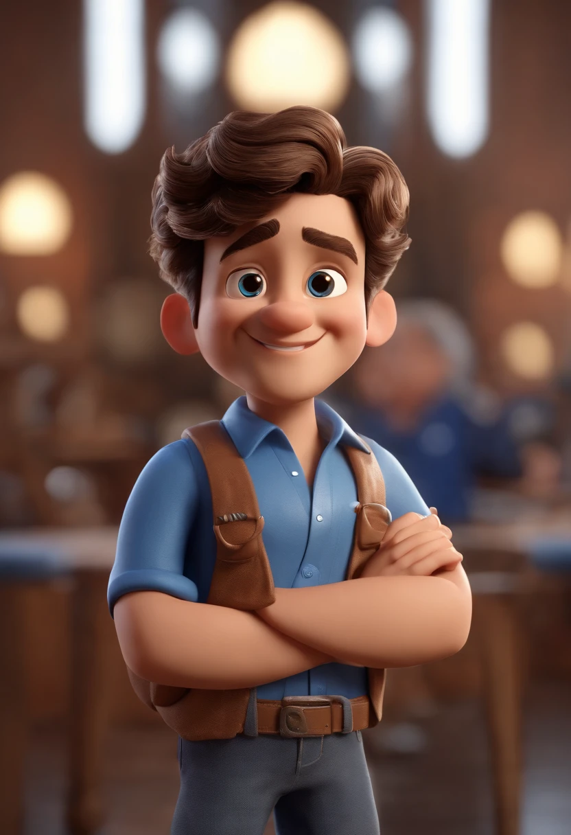 Personagem de desenho animado estilo pixar homem com 40 anos sorridente com camisa azul, com cabelos pretos, olhos castanho Caractere estilizado, animation style rendering, 3D estilizado, Arnold Maya render, 3 d render stylized, toon render keyshot, Personagem 3D, Personagem 3D, 3d rendering stylized, 3 d character render, personagem de desenho animado, Personagem de close up, Pose de personagem, (Estilo Pixar) (master part:1.2) (Bokeh) (best quality) (pele detalhada) (textura detalhada) (8k) (argila) (Cinematic lighting) (foco nítido,Senta e vaza a parte superior do corpo