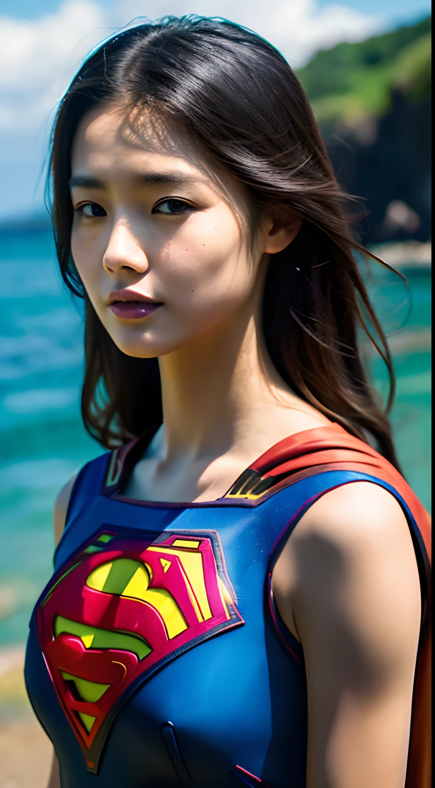 1girl in, Beautiful Hawaiian Woman,((Supergirl Suit)),(sleeveless),A sexy, superman logo, full-shot, Standing Pose, looking at the viewers,Hawaiian Landscape,the beach,细致背景,Photorealsitic、a picture、masterpiece、reallistic、真实感、photorealisim、High contrast、Photorealistic Art Station Trending Digital Art 8k HD High Definition and Detailed Realistic, detaileds, Skin Texture, ultra-detailliert, realistic skin textures, armature, top-quality, 超A high resolution, (Photorealsitic:1.4),, hight resolution, detaileds, Raw foto, Sharp Re, Nikon D850 Film Stock Photo by Lee Jefferies 4 Kodak Portra 400 Camera F1.6 lenses rich colors hyper realistic lifelike textures dramatic lighting unreal engine artstation trends synestil 800,
