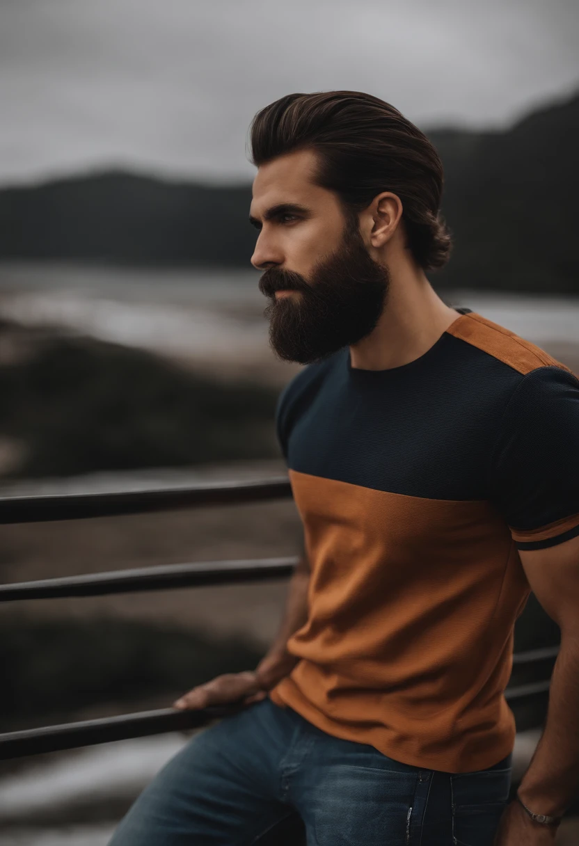 Homem com cabelos castanhos, pelo branca, cabelo liso, penteado para a direita, sombrancelha grossa, thick lip, olho castanho, Barba CurtaProfessor of Computer Science, Denim Jeans Pants, camiseta preta com detalhes laranja na gola