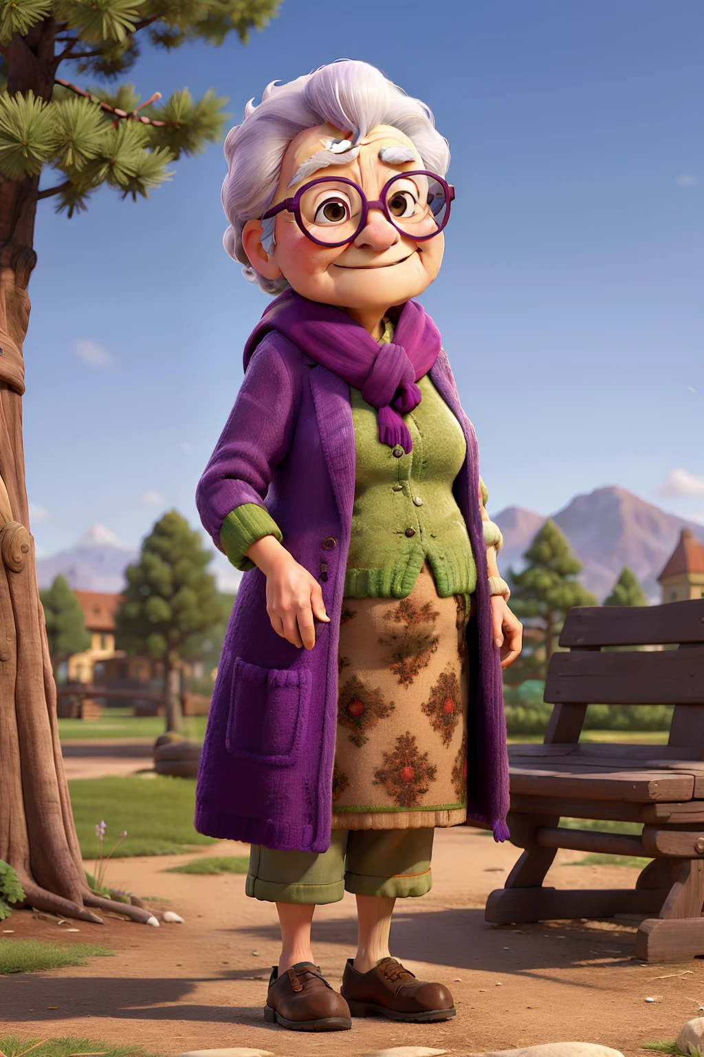 masterpiece, best quality, an old woman with glasses and a scarf on, wearing a purple coat and green scarf, standing at the park