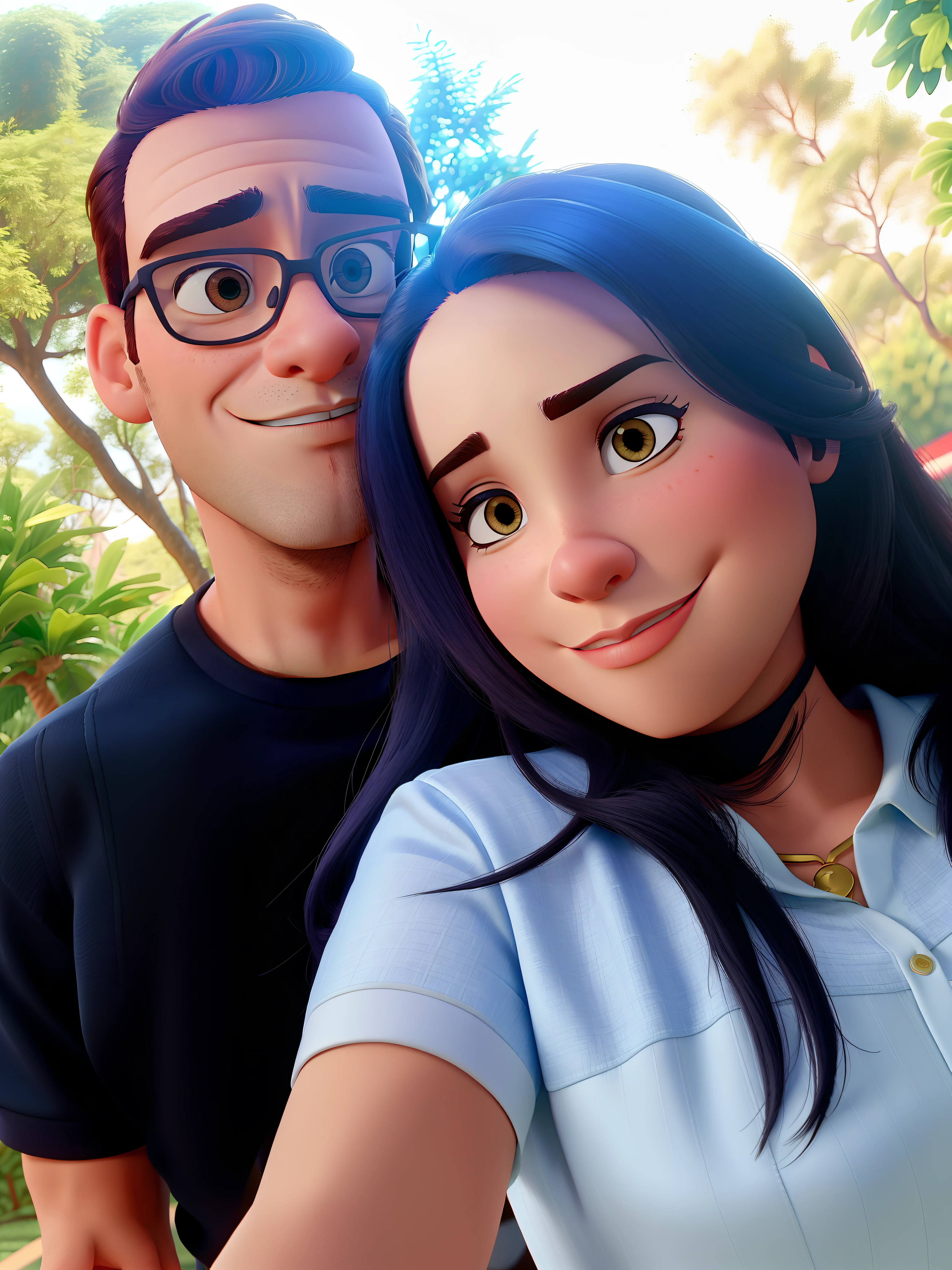 Casal (homem moreno e mulher branca) no estilo Disney Pixar, alta qualidade, melhor qualidade.