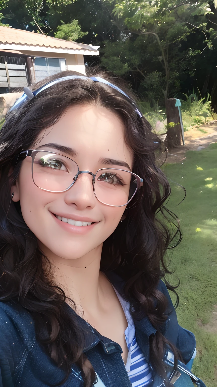 Smiling woman with glasses and a blue shirt in a backyard, selfie de uma jovem mulher, bonito ligeiramente nerd sorriso, foto da mulher jovem, 18 anos, em torno de 1 9 anos, leve sorriso nerd, Alanis Guillen, Valentina Embaralhamento, muito ligeiramente sorridente, fernanda suarez, girl with glasses, sorrindo e olhando diretamente