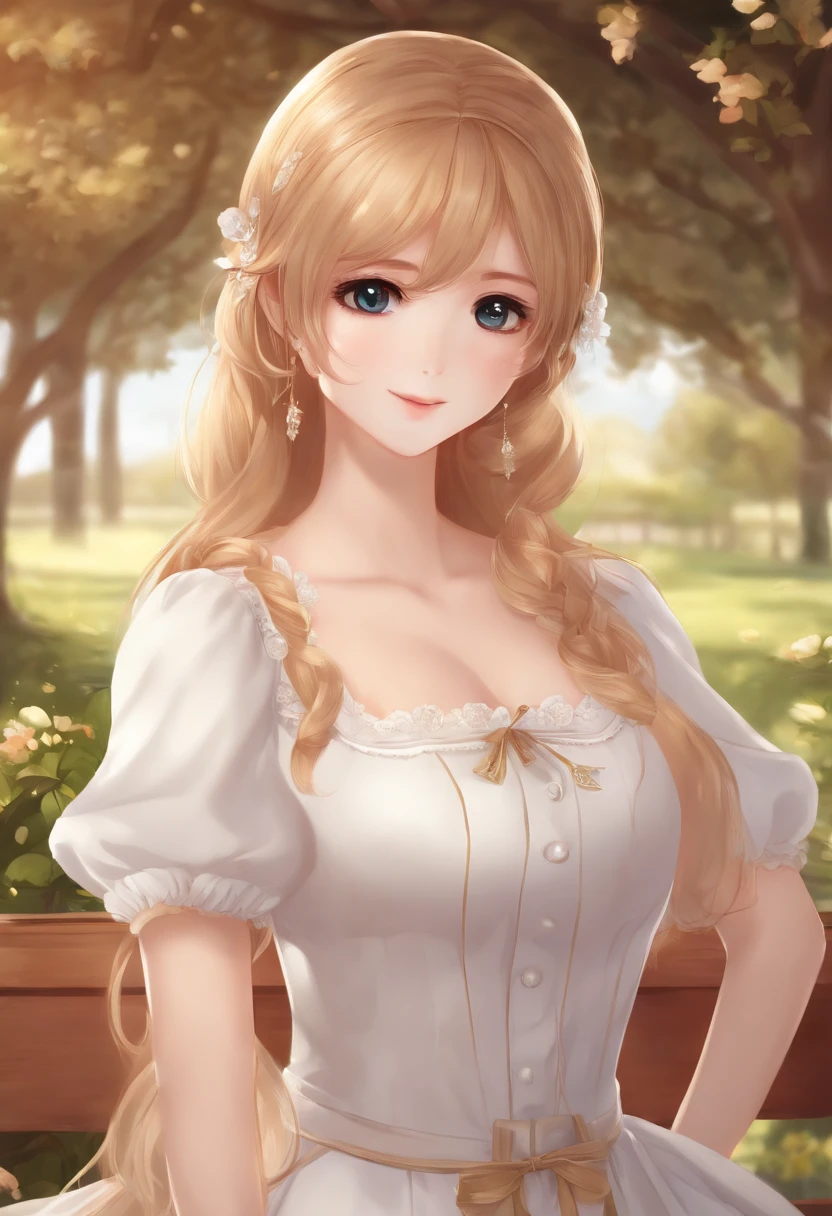 25 year old beautiful girl, big eyes, large breasts, petite and slender, 8K, top quality, (very detailed head: 1.0), (very detailed face: 1.0), (very detailed hair: 1.0), maid clothes, very detailed official artwork, anime moe art style, clean detailed anime art, smile, golden hair, smooth long hair