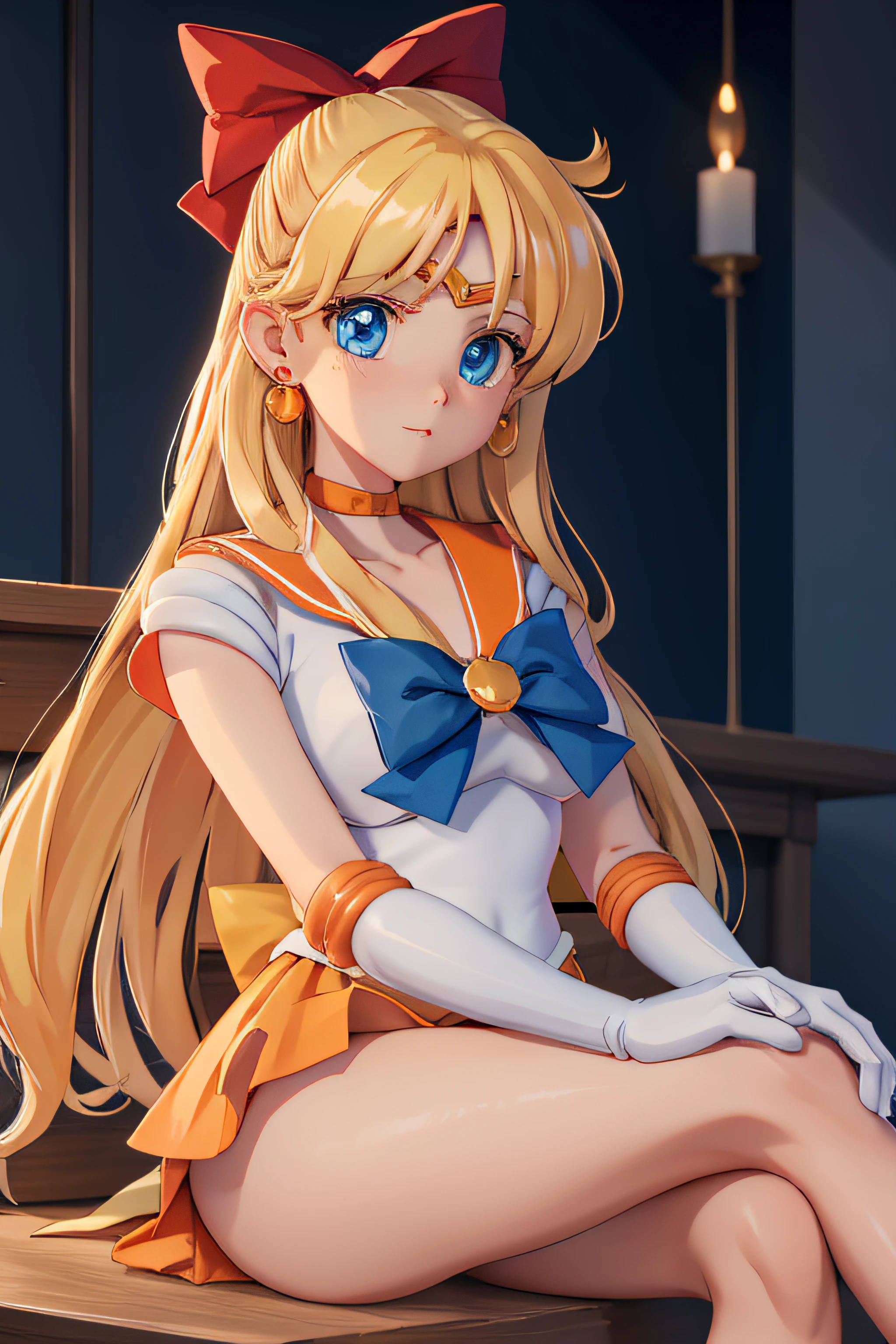 masterpiece, best quality, highres, venus1, 1girl, solo, sailor senshi uniform, sailor venus, aino minako, blonde hair, magical girl, blue eyes, orange skirt, elbow gloves, tiara, pleated skirt, hair bow, orange sailor collar, miniskirt, choker, red bow, orange choker, white gloves, very long hair, jewelry, earrings, sitting, crossed legs, SHOW HER BOOTY