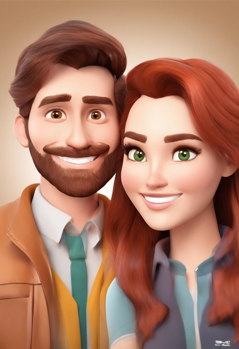 An illustration of an adorable couple, Destaque para um homem branco forte, ruivo, Green eyes and a red beard and a brunette woman with beautiful expressive eyes - the woman's skin is white and the woman's hair is straight and black. They are a bright room, cada um com um sorriso no rosto, e compartilhar um momento especial caracterizado pelo amor, Insights. Illustrate this scene from a perspective where they are facing the camera, Smiling and Showing Your Connection. Desenvolva esta arte em Full HD, Focus on your cinematic touch, Estilo Disney Pixar Animations