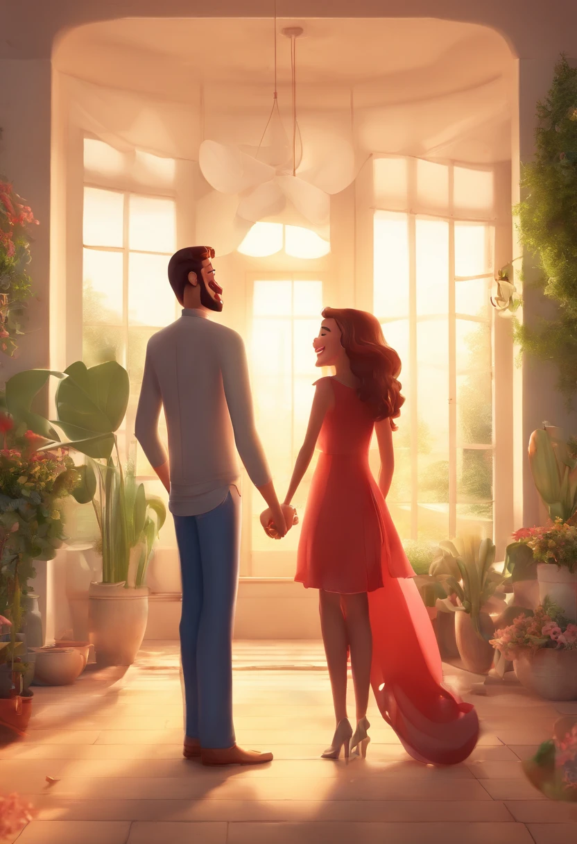 An illustration of an adorable couple, Destaque para um homem branco forte, ruivo, Green eyes and a red beard and a brunette woman with beautiful expressive eyes - the woman's skin is white and the woman's hair is straight and black. They are a bright room, cada um com um sorriso no rosto, e compartilhar um momento especial caracterizado pelo amor, Insights. Illustrate this scene from a perspective where they are facing the camera, Smiling and Showing Your Connection. Desenvolva esta arte em Full HD, Focus on your cinematic touch, Estilo Disney Pixar Animations