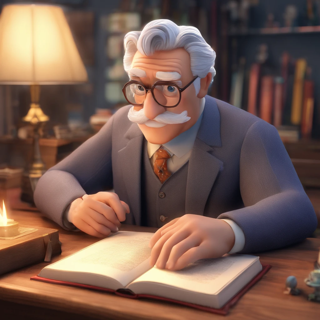 Crie um cartaz inspirado na Disney Pixar com o personagem sendo o pastor Rubens Janier, A gray-haired man wearing glasses, in an office with a Bible on the table