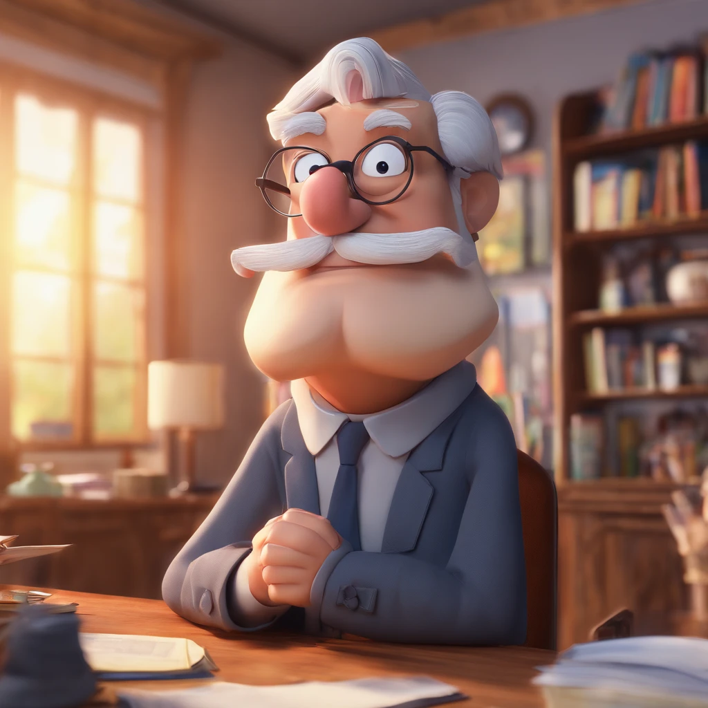 Crie um cartaz inspirado na Disney Pixar com o personagem sendo o pastor Rubens Janier, A gray-haired man wearing glasses, in an office with a Bible on the table