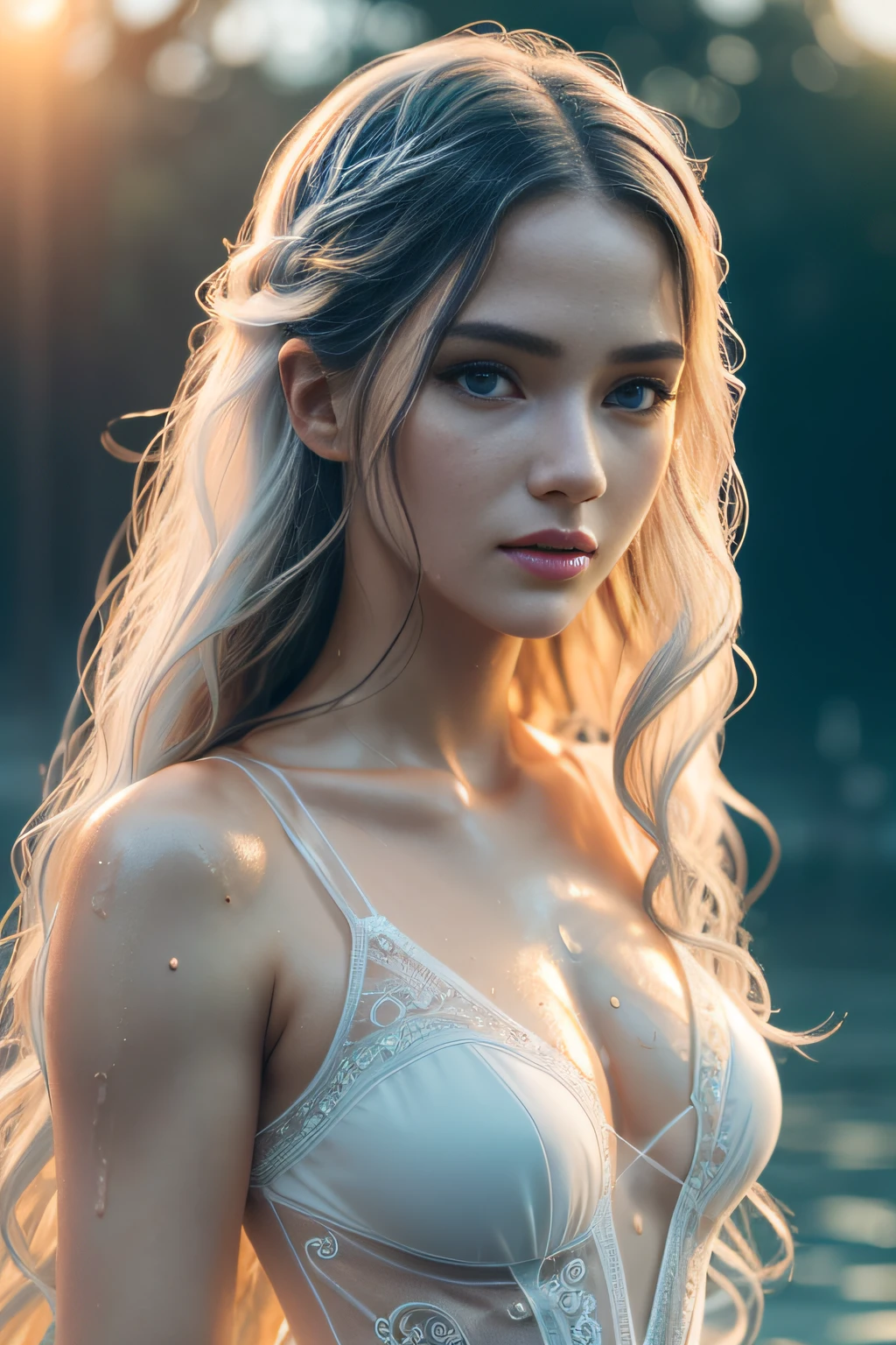 (whole body:1.3)(extremely intricate:1.3), (photorealistic:1.4), Ukrainian Supermodel, hyper-detailed wet sheer outfit, (sensual pose), (lewd face), sexy lips, waifu, oppai, beautiful, cute, pretty, perfectly proportion body, perfect framing, sharp gray eyes, supermodel face, detailed face, pale white skin, [[freckles skin]], (((white wavy hair))), cover art, moody,  zoom out, depth of field, art station, (luminism), (((cinematic lighting))), orange and teal, soft light, [summer weather: sunset weather:2.5] 4k resolution, octane render,