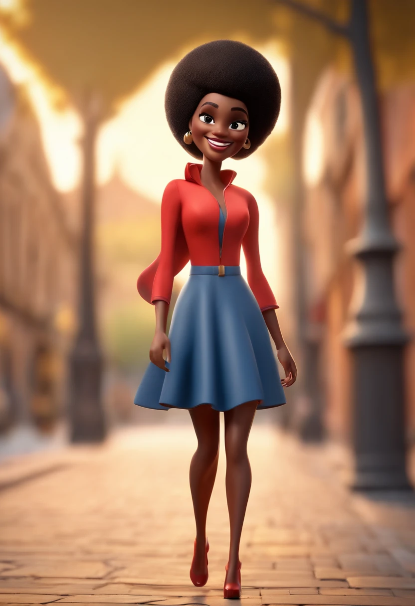 Cartoon character of a woman with medium black afro hair, magra,com um grande sorriso,with a red dress, nariz pequeno e fino, pouco peito animation character, Caractere estilizado, animation style rendering, 3D estilizado, Arnold Maya render, 3 d render stylized, toon render keyshot, Personagem 3D, Personagem 3D, 3d rendering stylized, 3 d character render, personagem de desenho animado, Personagem de close up, Pose de personagem, (Estilo Pixar) (master part:1.2) (Bokeh) (best quality) (pele detalhada) (textura detalhada) (8k) (argila) (Cinematic lighting) (foco nítido