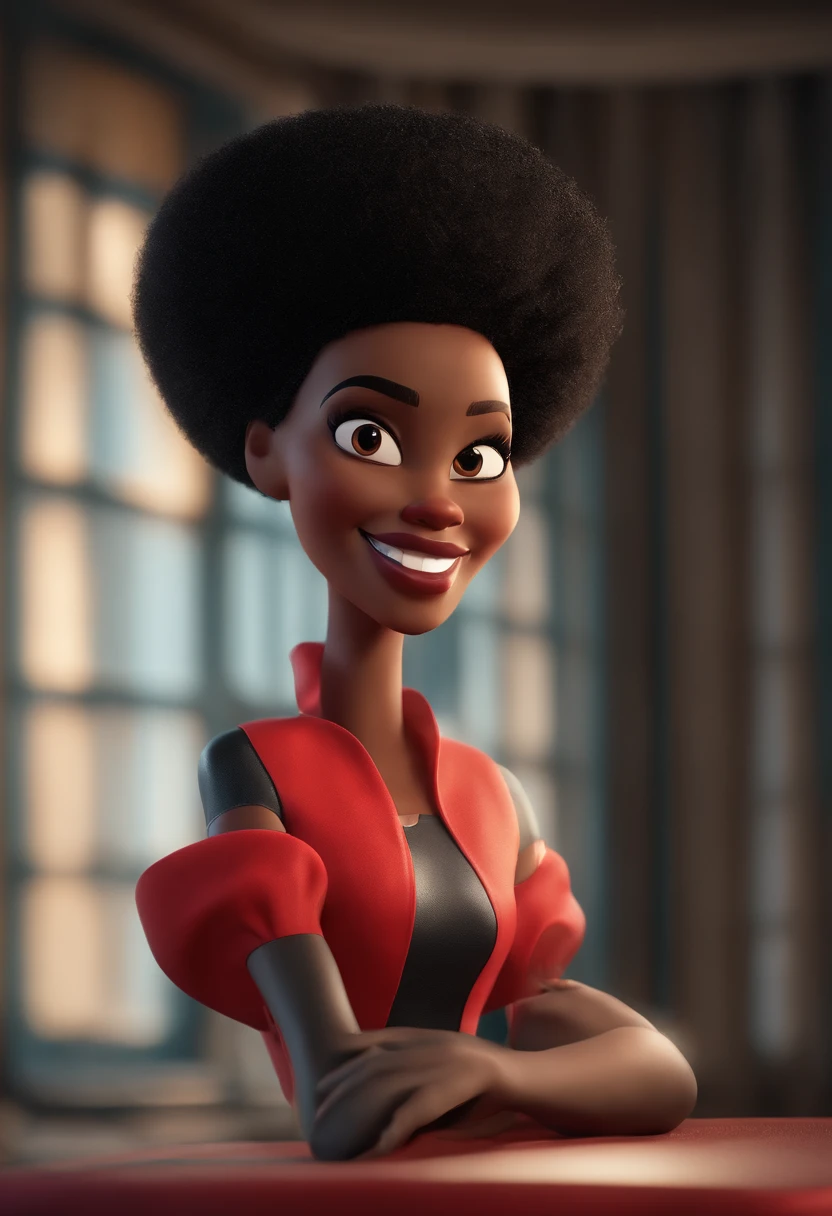 Cartoon character of a woman with medium black afro hair, magra,com um grande sorriso,with a red dress,  nariz pequeno e fino, pouco peito animation character, Caractere estilizado, animation style rendering, 3D estilizado, Arnold Maya render, 3 d render stylized, toon render keyshot, Personagem 3D, Personagem 3D, 3d rendering stylized, 3 d character render, personagem de desenho animado, Personagem de close up, Pose de personagem,  (Estilo Pixar) (master part:1.2) (Bokeh) (best quality) (pele detalhada) (textura detalhada) (8k) (argila) (Cinematic lighting) (foco nítido