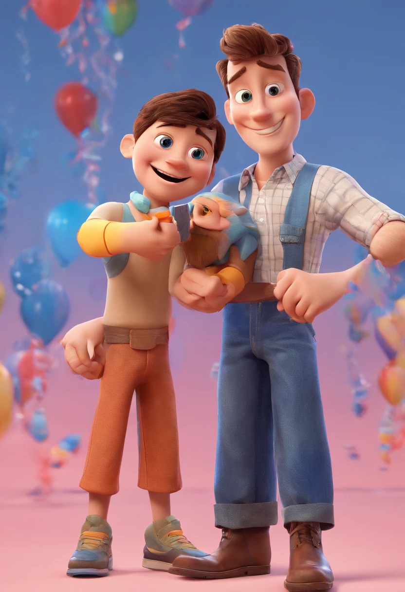Estilo Pixar: The grown man is holding a naked blue-eyed boy and in his other hand he is holding a pair of scissors and is trying to cut off the boy's testicles,3D Poster,Disney