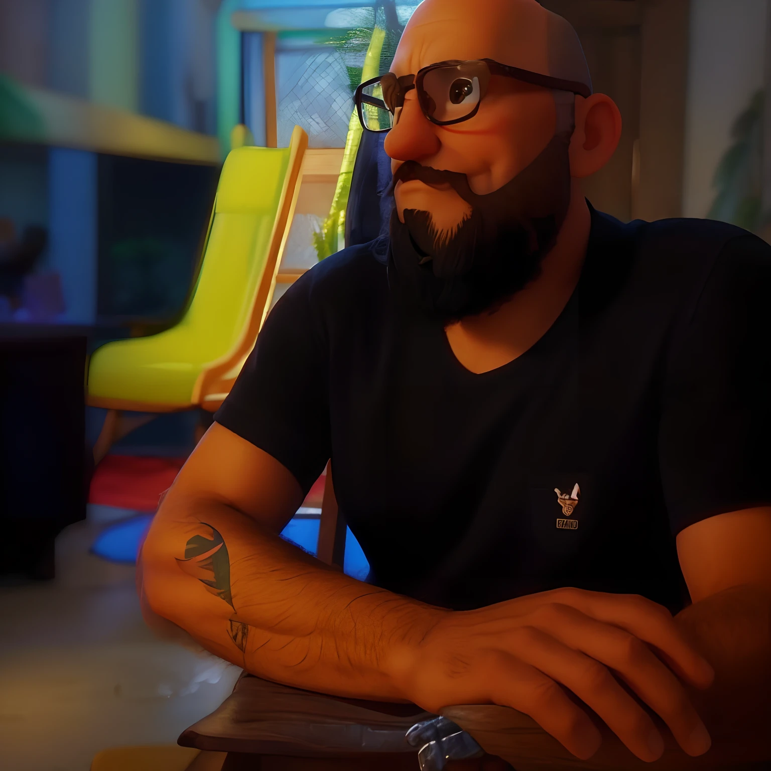 Homem de meia idade, inspirado na Disney Pixar, Inspirado pelo pastor ( Rubens Janeiro ) A bald man with a beard wearing glasses with a forest in the background looking into the serious future, old man, cabelos grisalhos, usando camiseta preta