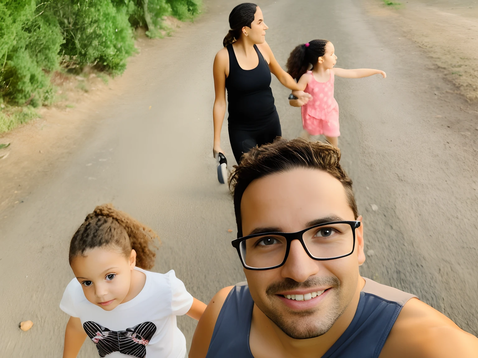 There's two people and a child walking down a road, Caminhando no Parque, david rios ferreira, andrea rocha, imagem de perfil, Directed by: Nandor Soldier, imagem do avatar, of a family standing in a park, Parque em segundo plano, walking through a suburb, com um parque ao fundo, Malika Favre, no parque