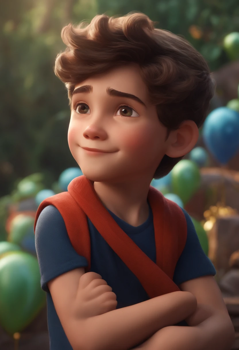 Image of a boy for a story in a YouTube video in Pixar format, He's the allabester, He's the class leader, He's outgoing, Playful and gets up for a lot of things, cabelo curto