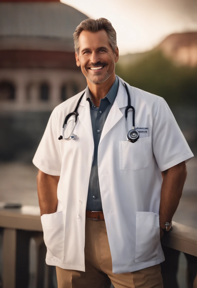 Um homem de 47 anos, medic, wearing a doctor's lab coat, sem cabelos, careca, Rosto ovalado, sorriso encantador, e olhos castanhos. The background of the image should be a doctor's office with a blurred background, profundidade de campo rasa, Cinematic light, luz suave, retroiluminado, micro-detalhes, renderizado, fotorrealista, cinemactic, 85mm 1.4. Pixar style is a must, da Disney.
