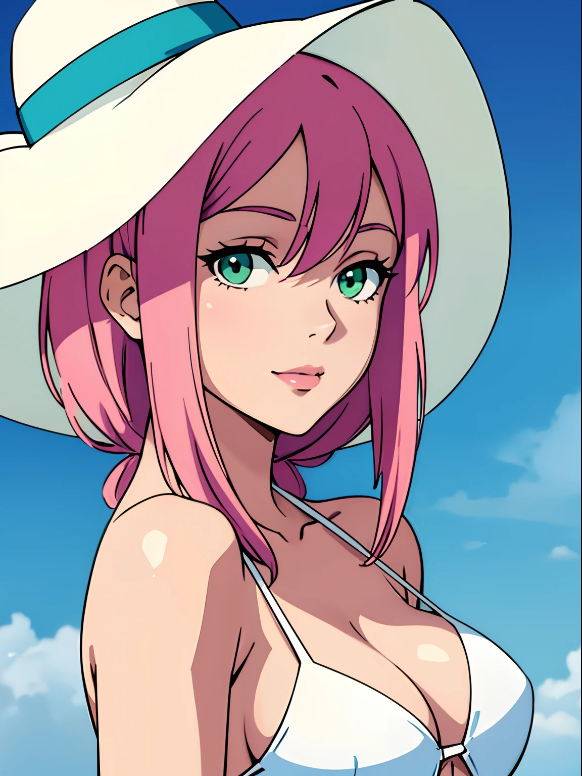mature, woman, solo, white sun hat, white bikini, green eyes, (hair over shoulder:1.3), pink hair, beautiful hair, portrait, happy, blue background,