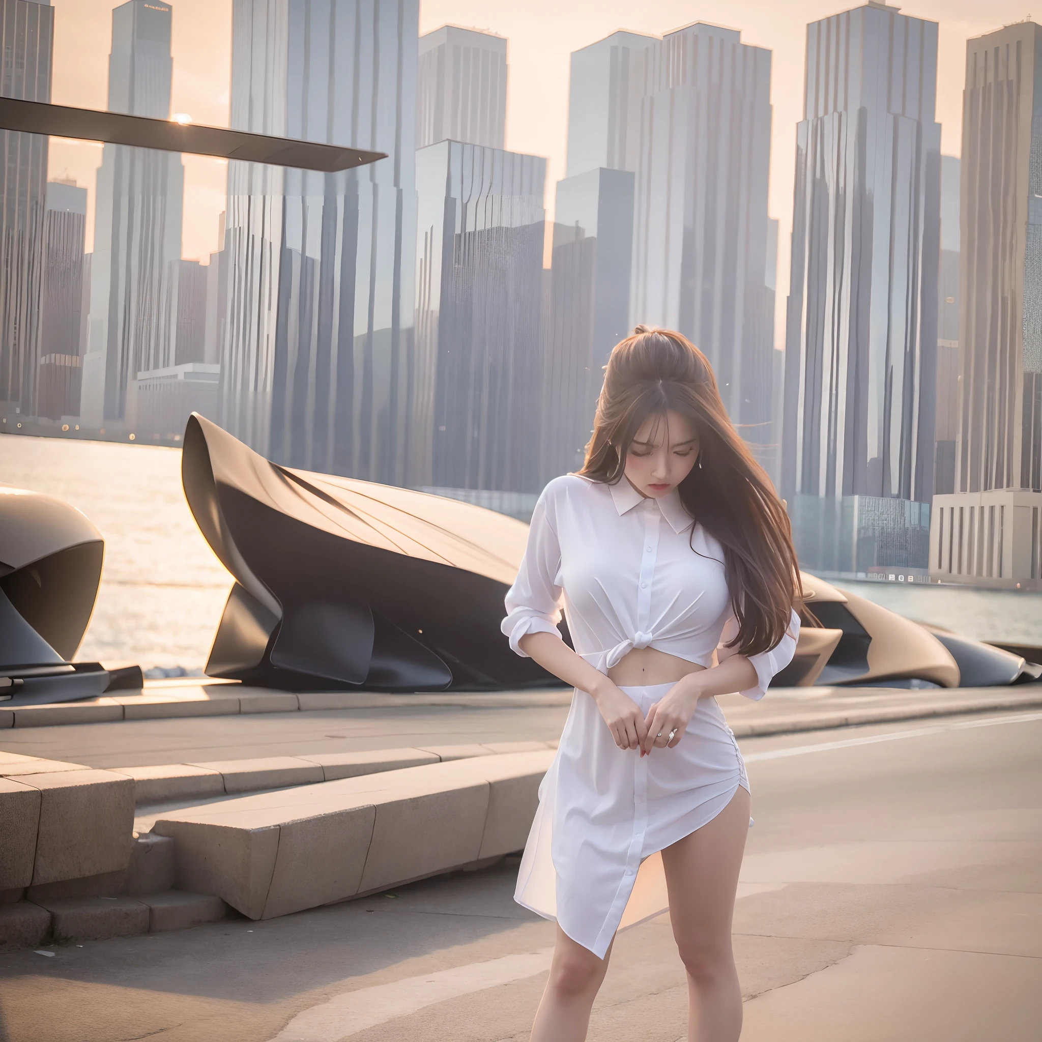 mix4, 20d, solo, long_hair, shirt, dress, high_heels,full_body, look_at_viewer, (8k, RAW photo, highest quality, masterpiece:1.2), (realistic, photorealistic:1.37), professional lighting, photon mapping, radio city, physically based rendering,
