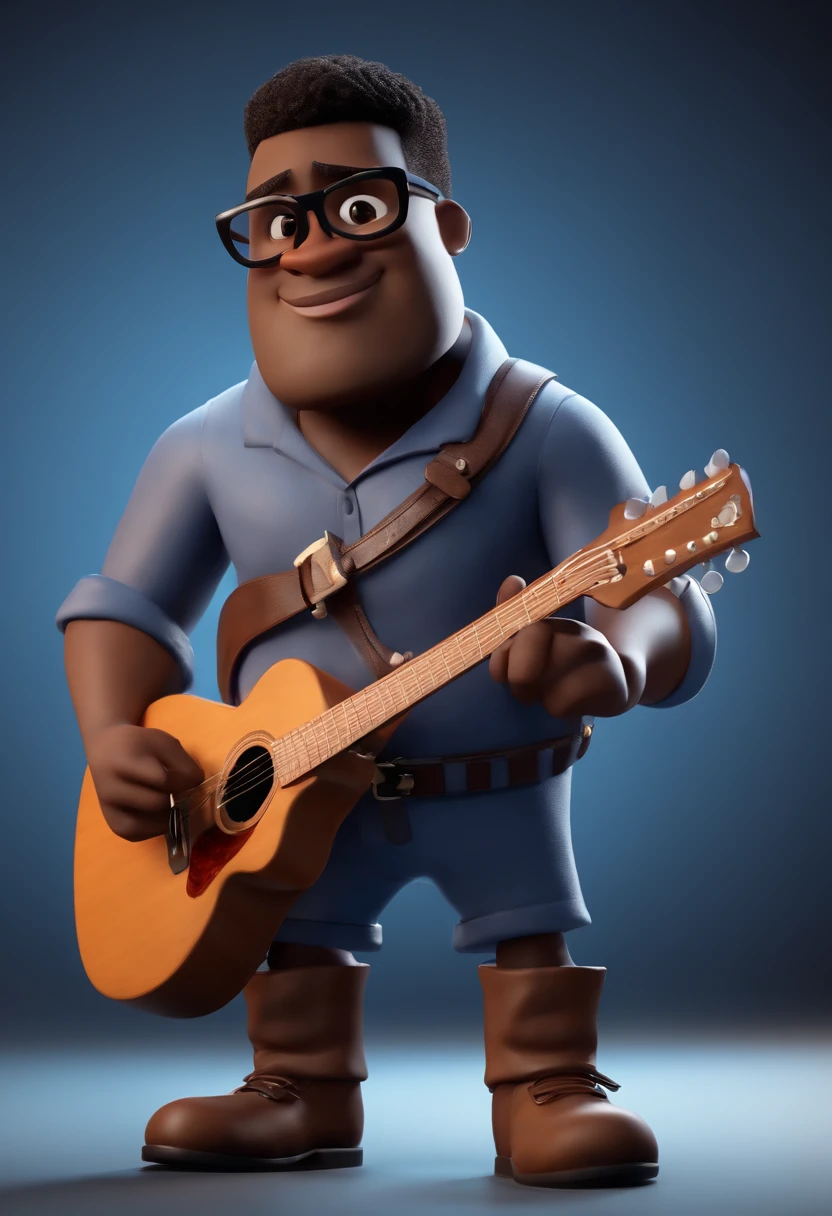 Cartoon character of a strong black man wearing black glasses and a blue shirt and cap on his head an animated character, with guitar Stylized Character, animation style rendering, 3D estilizado, Arnold Maya render, 3 d render stylized, toon render keyshot, Personagem 3D, Personagem 3D, 3d rendering stylized, 3 d character render, personagem de desenho animado, Personagem de close up, Pose de personagem, (Estilo Pixar) (master part:1.2) (Bokeh) (best quality) (pele detalhada) (textura detalhada) (8k) (argila) (Cinematic lighting) (foco nítido,Senta e vaza a parte superior do corpo