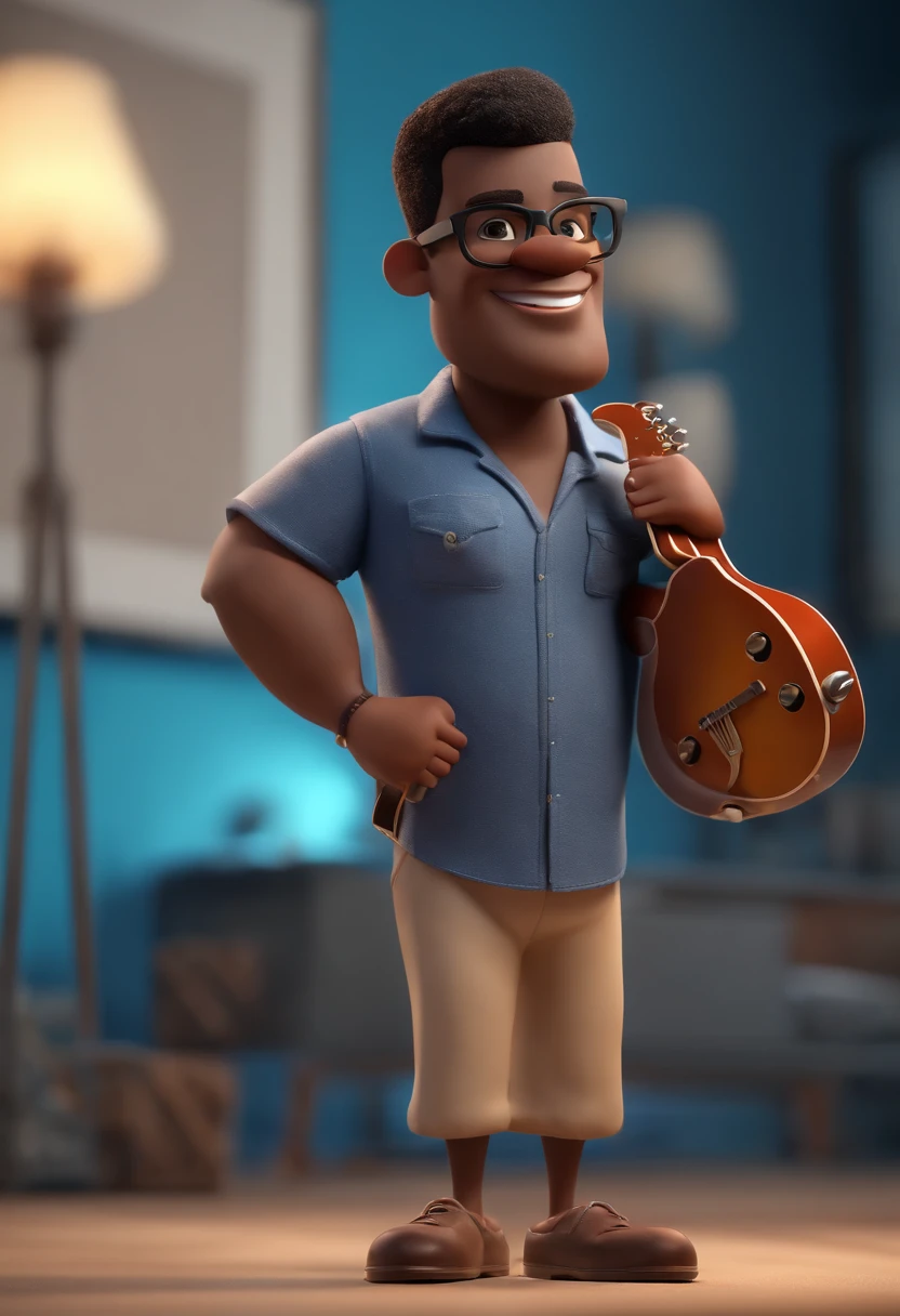 Cartoon character of a strong black man wearing black glasses and a blue shirt and cap on his head an animated character, with guitar Stylized Character, animation style rendering, 3D estilizado, Arnold Maya render, 3 d render stylized, toon render keyshot, Personagem 3D, Personagem 3D, 3d rendering stylized, 3 d character render, personagem de desenho animado, Personagem de close up, Pose de personagem, (Estilo Pixar) (master part:1.2) (Bokeh) (best quality) (pele detalhada) (textura detalhada) (8k) (argila) (Cinematic lighting) (foco nítido,Senta e vaza a parte superior do corpo