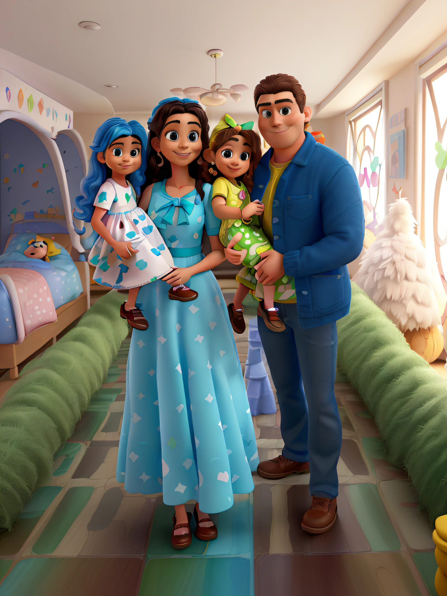 Create a Disney PIXAR-style 3D poster. ((Image center: a happy family and everyone smiling)), ((2 children girls)) ((1 girl is on her mother's lap, ele tem 2 anos, of white color and wavy hair is wearing water green pours and with a bow on her head of the same color as the dress. A menina 2 tem 3 anos, e esta no colo do pai, pele branca e cabelos castanhos escuros e todo cacheados e olhos castanhos)) ((tudo isso no estilo Disney PIXAR 3D. POP Mart, soft lighting, linhas suaves, Spring tilt, Detailed illustrations of PIXAR 3D, Detalhes hiper-realistas, cor quente no estilo Disney PIXAR 3D)), ((Homem tem pele parda com uma roupa social, Ele tem 27 anos)), ((a mulher tem a pele clara 27 de anos, cabelos longos cacheados, esta com o vertido da mesma cor da duas meninas))